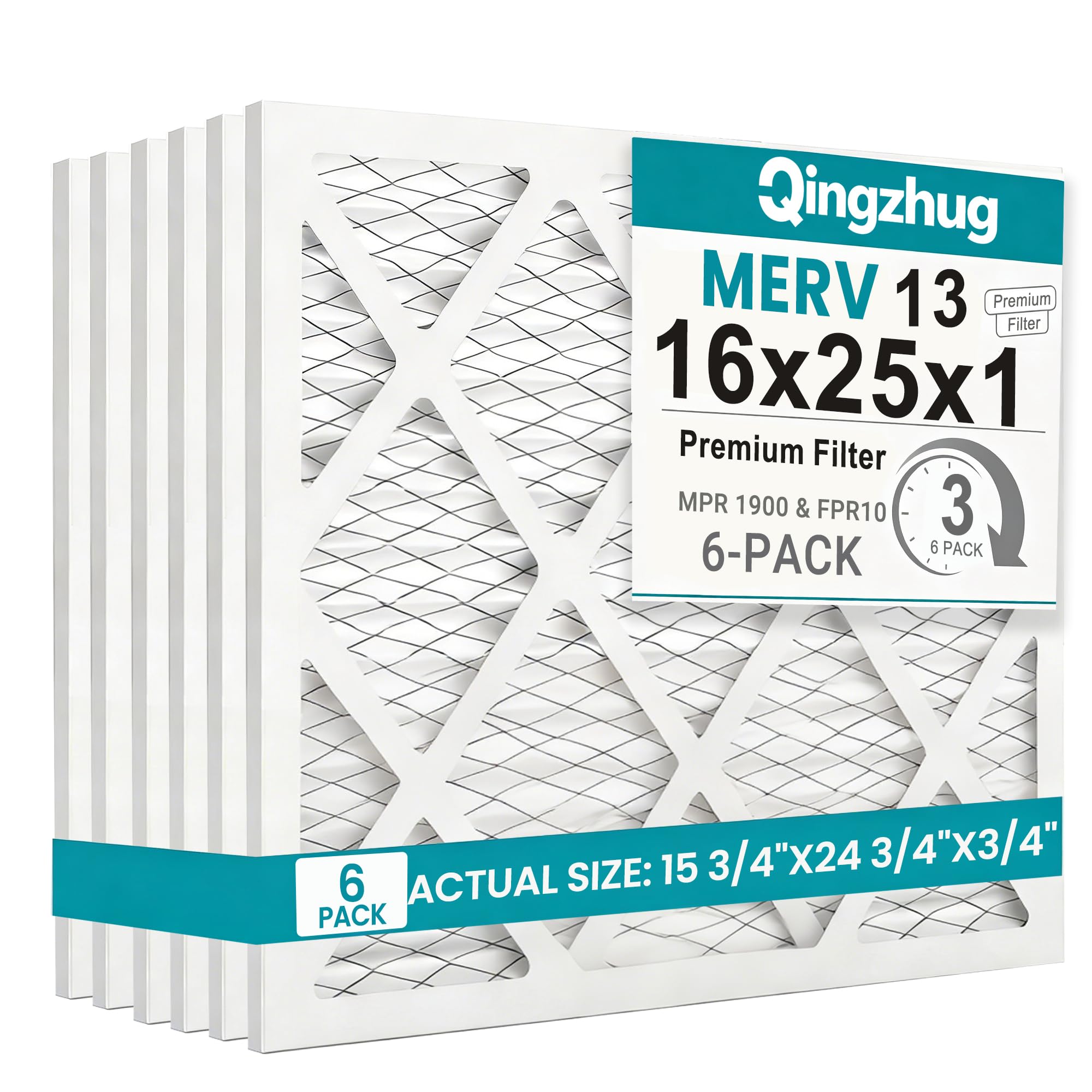 Qingzhug 16x25x1 MERV 13 Air Filter 6-Pack