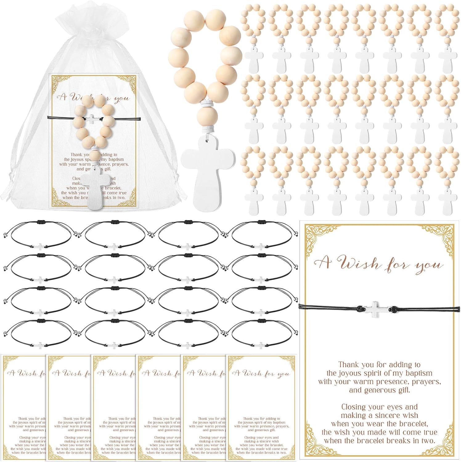 Baptism Favors for Guests Mini Rosary Religious Bracelets Greeting Card Organza Bags for First Communion Christening