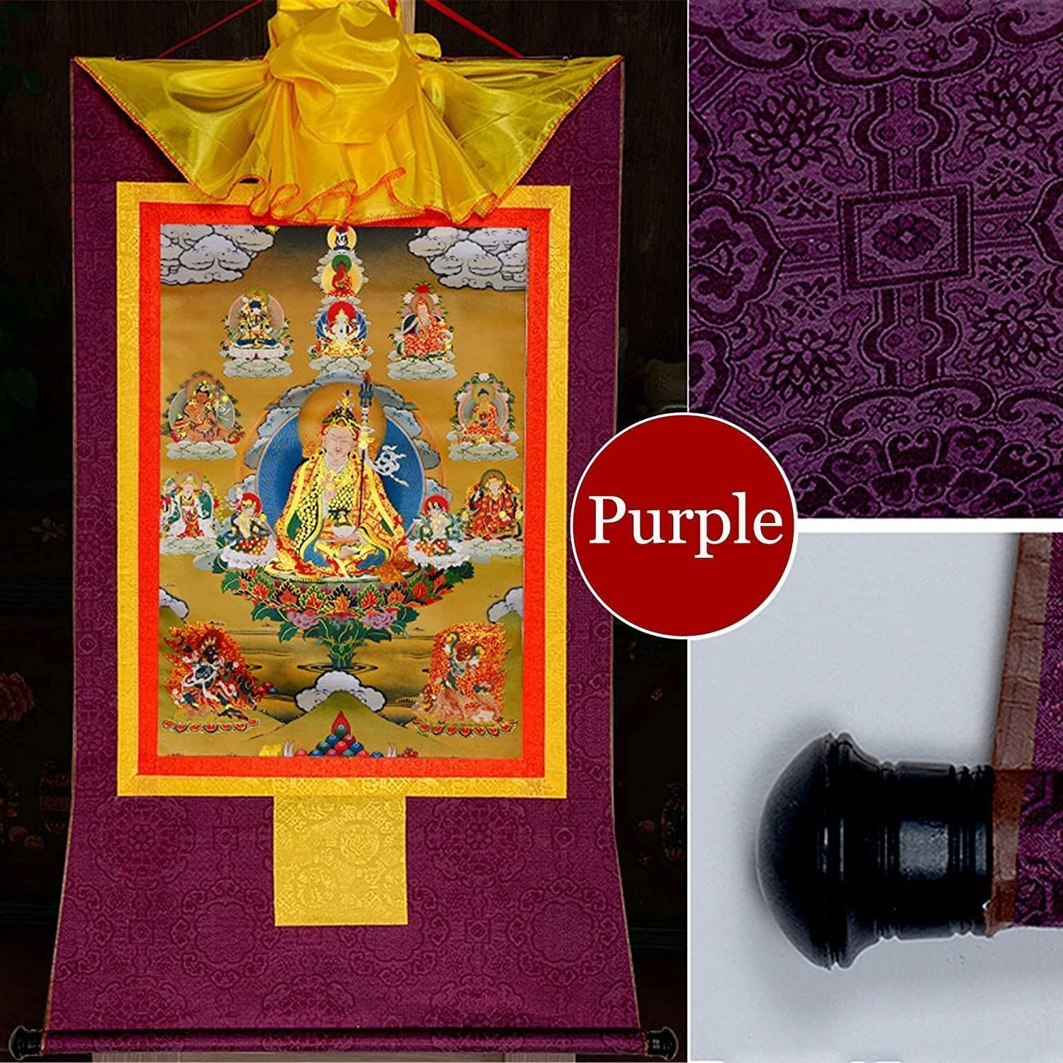 チベットタンカ壁掛けブロケード、仏教タペストリー、パドマサンバヴァの8つの形式、グル・リンポチェ、ロータスボーン、スクロール付き仏陀