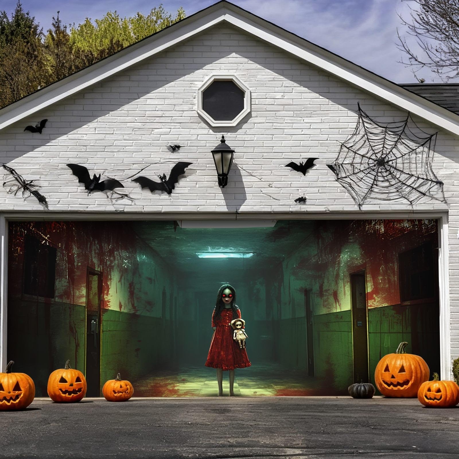 Cartel de buena suerte para Halloween, para puerta de garaje, grande, para exteriores, para fiestas festivas, aterradoras con murciélagos, calabazas y