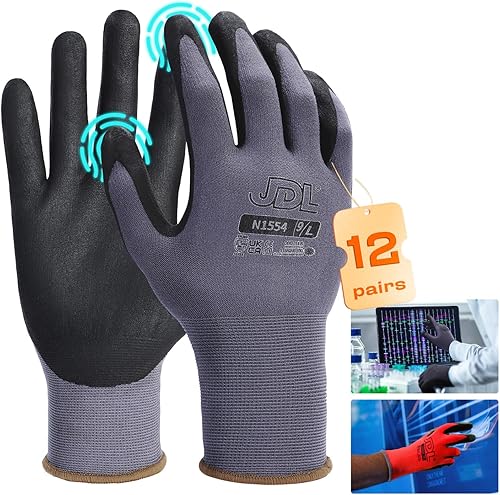 JDL Work Gloves with Micro Foam Nitrile Coated, Touch Screen Compatible,US Patent Seamless Knit Nylon Safety Gloves