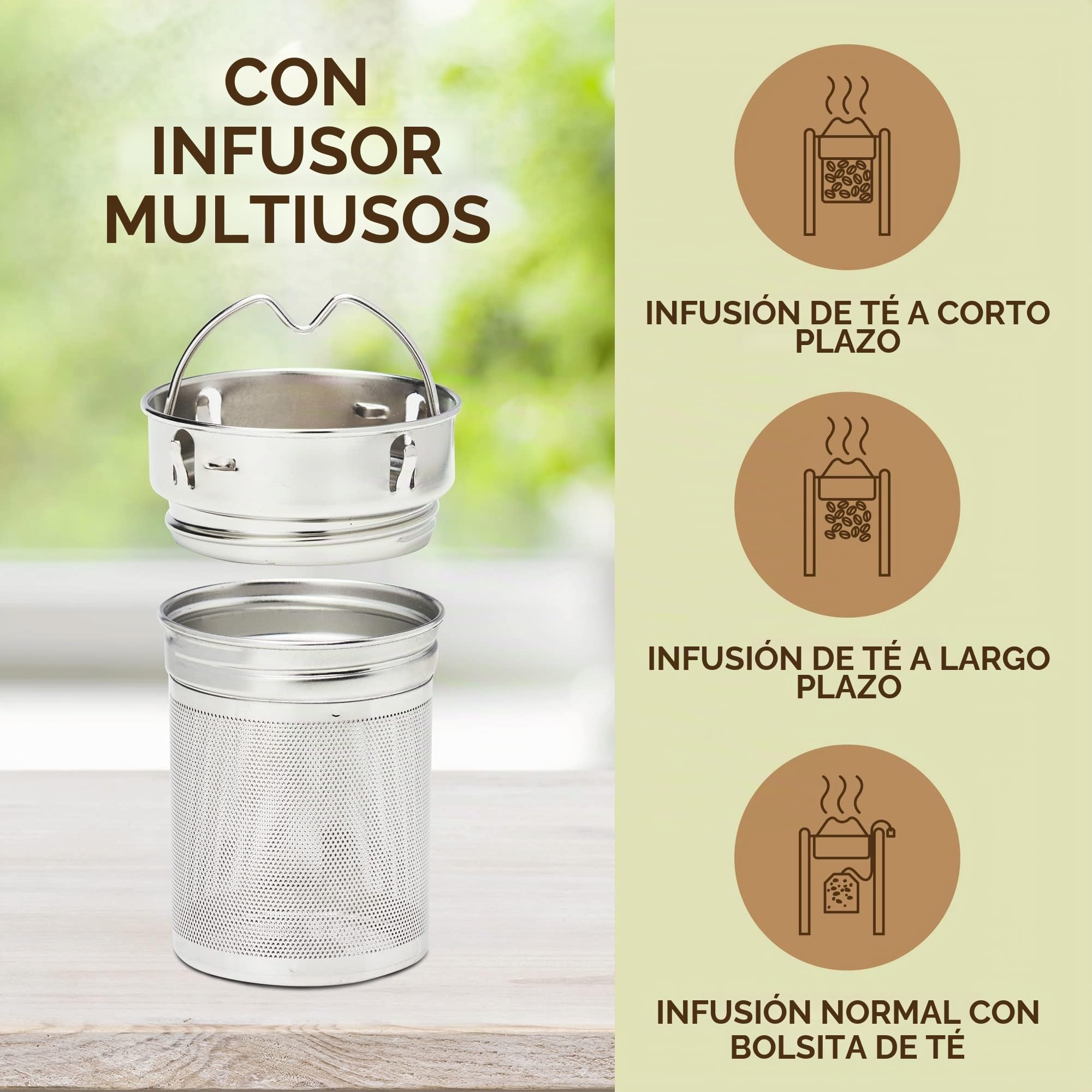 LeafLife Botella Térmica de Bambú con Colador e Infusor de Té 650 ml - Mantiene el Calor y el Frío Durante 12 Horas -Botella de Acero Inoxidable con Aislante al Vacío, Termo Café y Té en Hojas