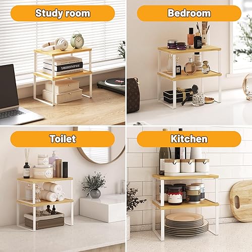 Miniatura 6 de Juego de 4 estantes organizadores de armario de cocina, estantes resistentes para encimera de cocina con patas de metal, estante apilable de madera