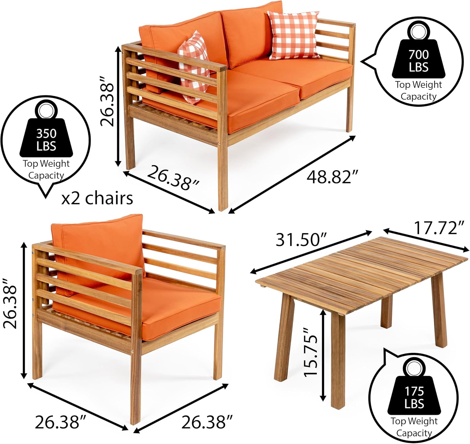 JONATHAN Y Thom Teak Brown/Orange Modern Acacia Wood 4-Piece Outdoor Patio Conversation Set with Loveseat, Chairs, and Coffee Table for Backyard and Porch LVG1200C-4SET