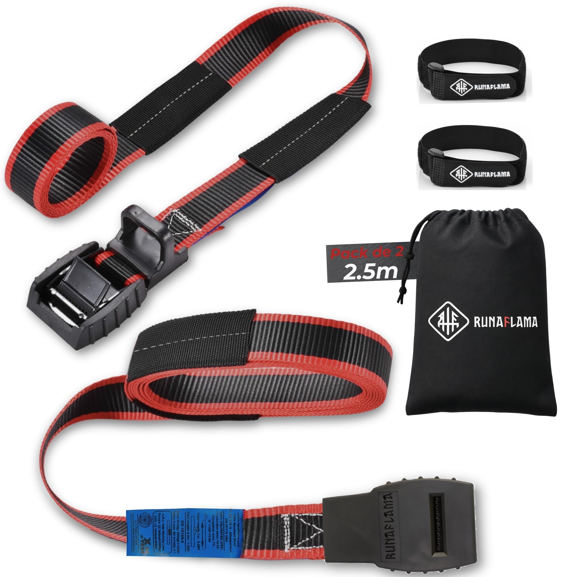 Cinchas de Amarre con Protección - Eslingas de Amarre para Baca, Surf, Kayak, Remolque Moto - Trinchas de Sujeción a Portabicicletas - Resistencia rotura 500 kgf por Cinta - 2 Correas 2,5m