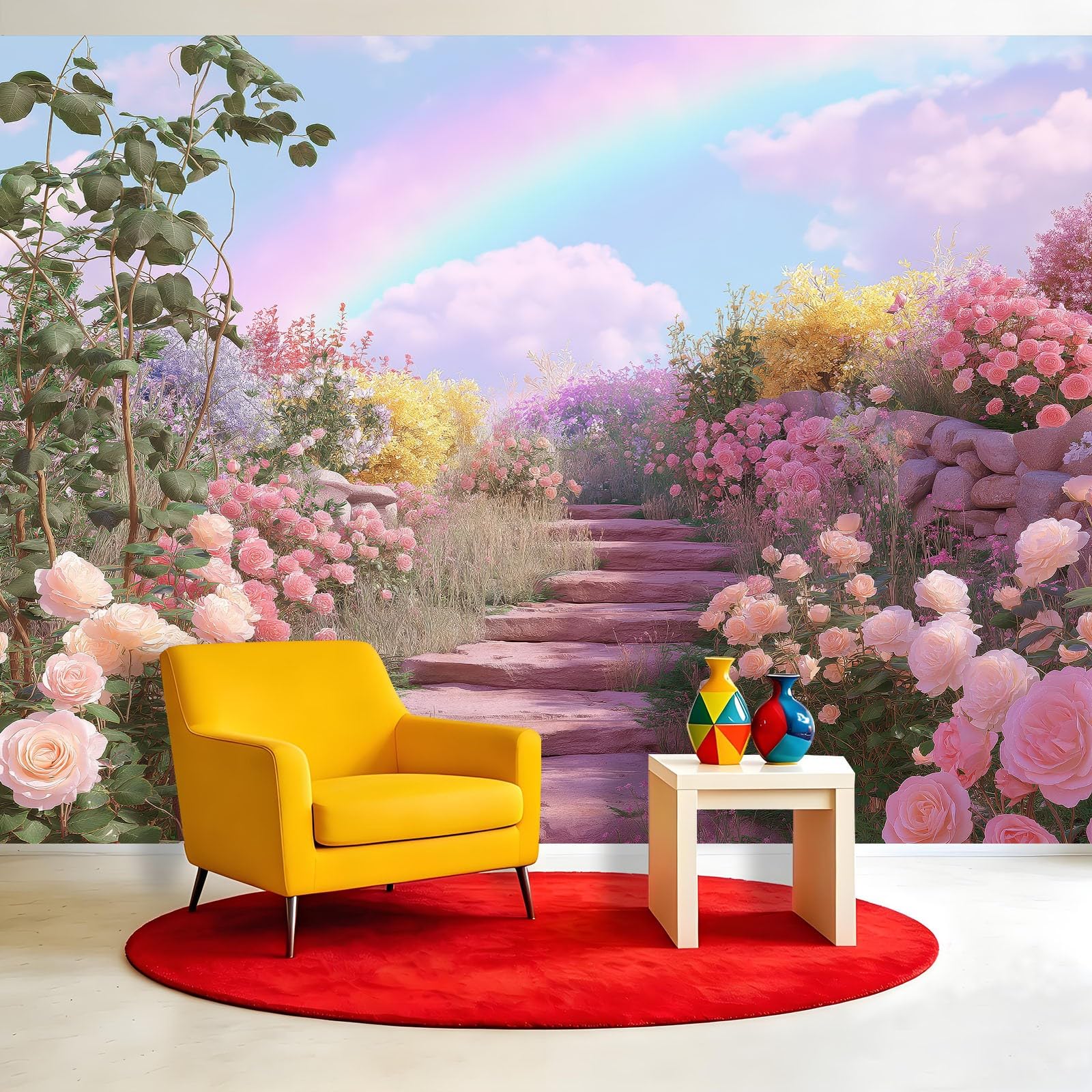 Panoramiczna tapeta z włókniny, bajkowe kwiaty, chmury, 400 x 280 cm, tapeta z włókniny, dekoracja do salonu i sypialni, efekt 3D, różowe odcienie trawy i ogrodu