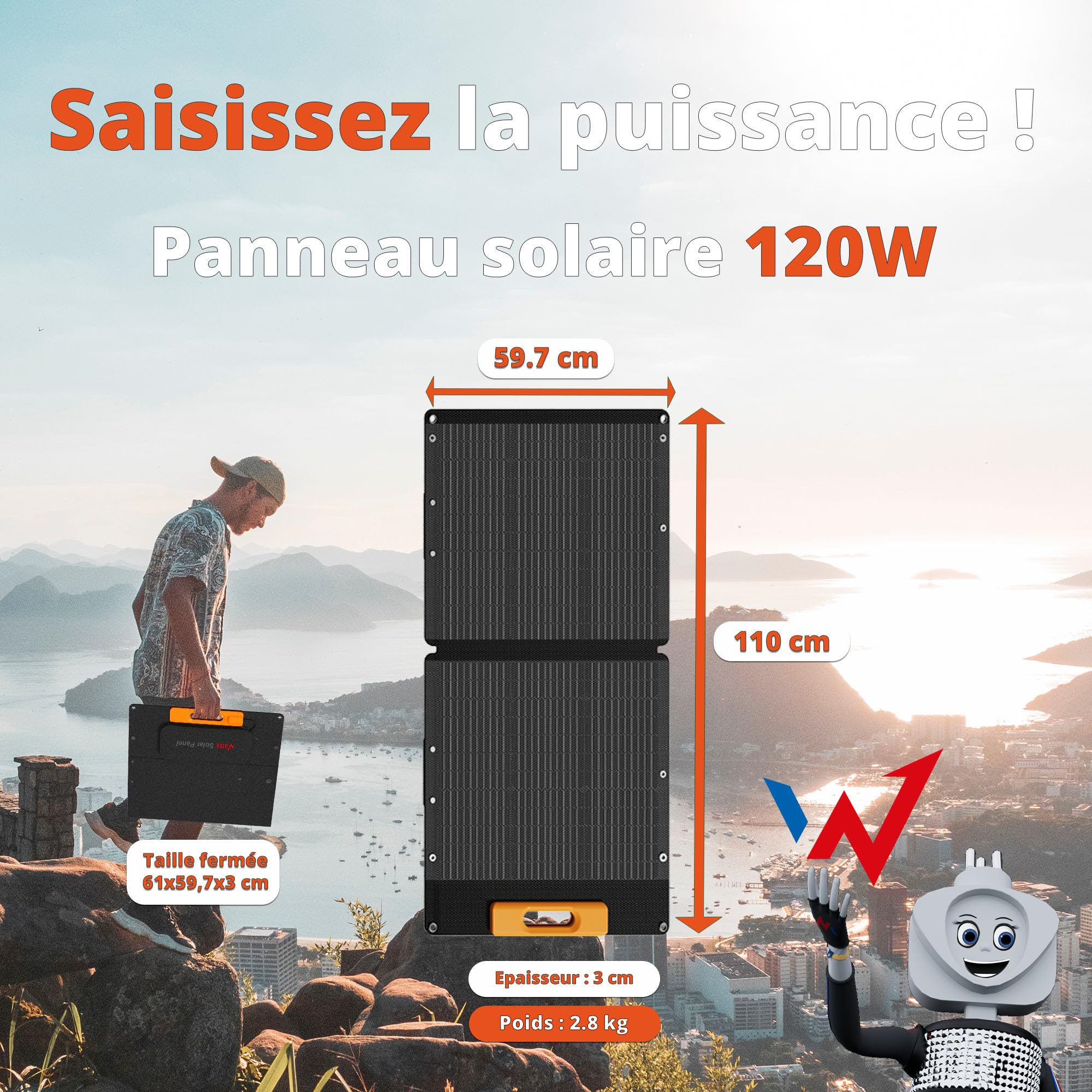 Wonder Full Energy - Panneau Solaire Portable 120W pour Centrale Electrique - Chargeur Solaire Pliable - Indice d'Étanchéité IP65, pour l'Extérieur, en Camping