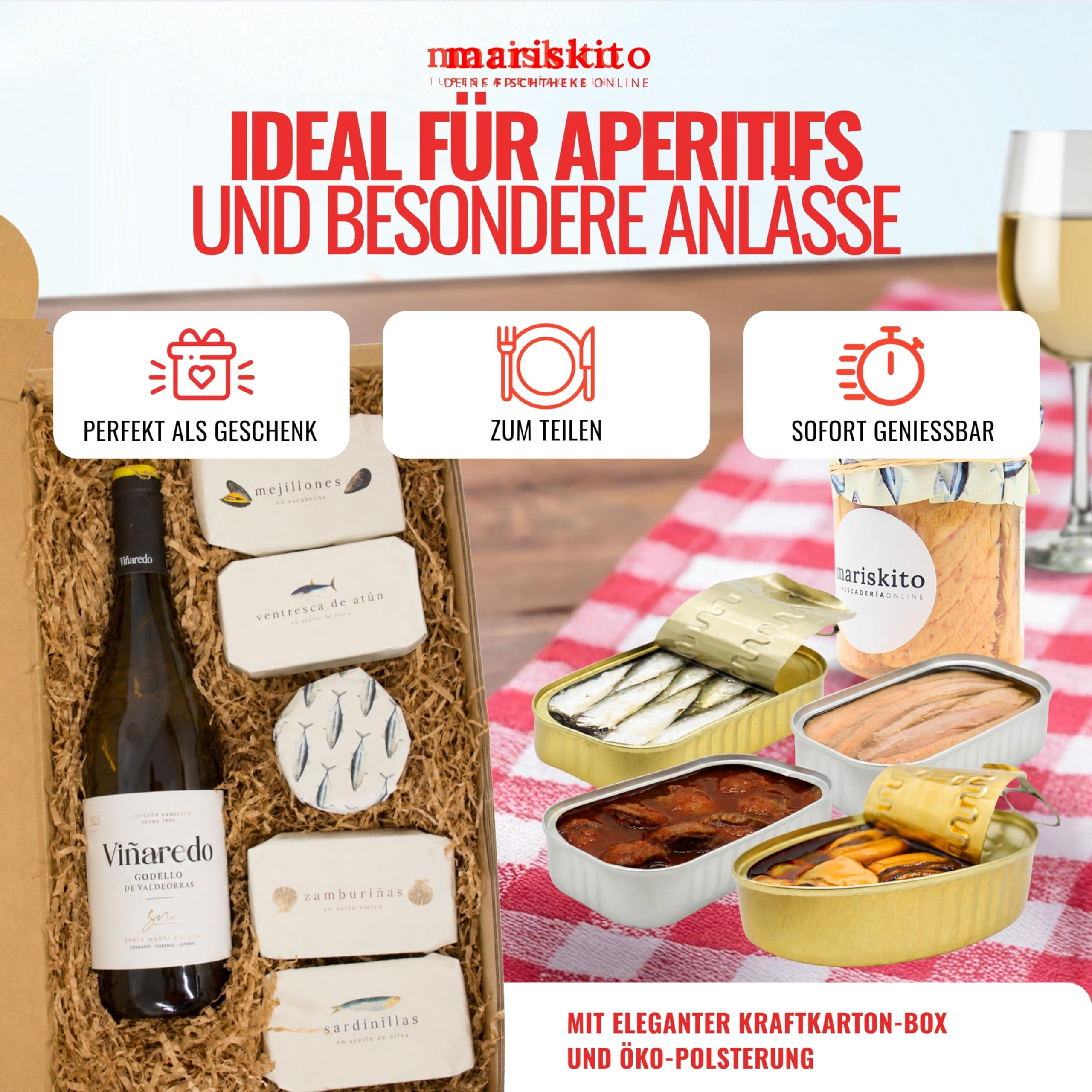 MARISKITO | Gourmet-Geschenkbox – Godello-Wein + 5 galicische Konserven – Delikatessen-Paket: Miesmuscheln, Sardinen, Bunte Kammuschel, Thon,Thunfisch-Bauchfilet – Weihnachtsset, Firmen, Feiergeschenk