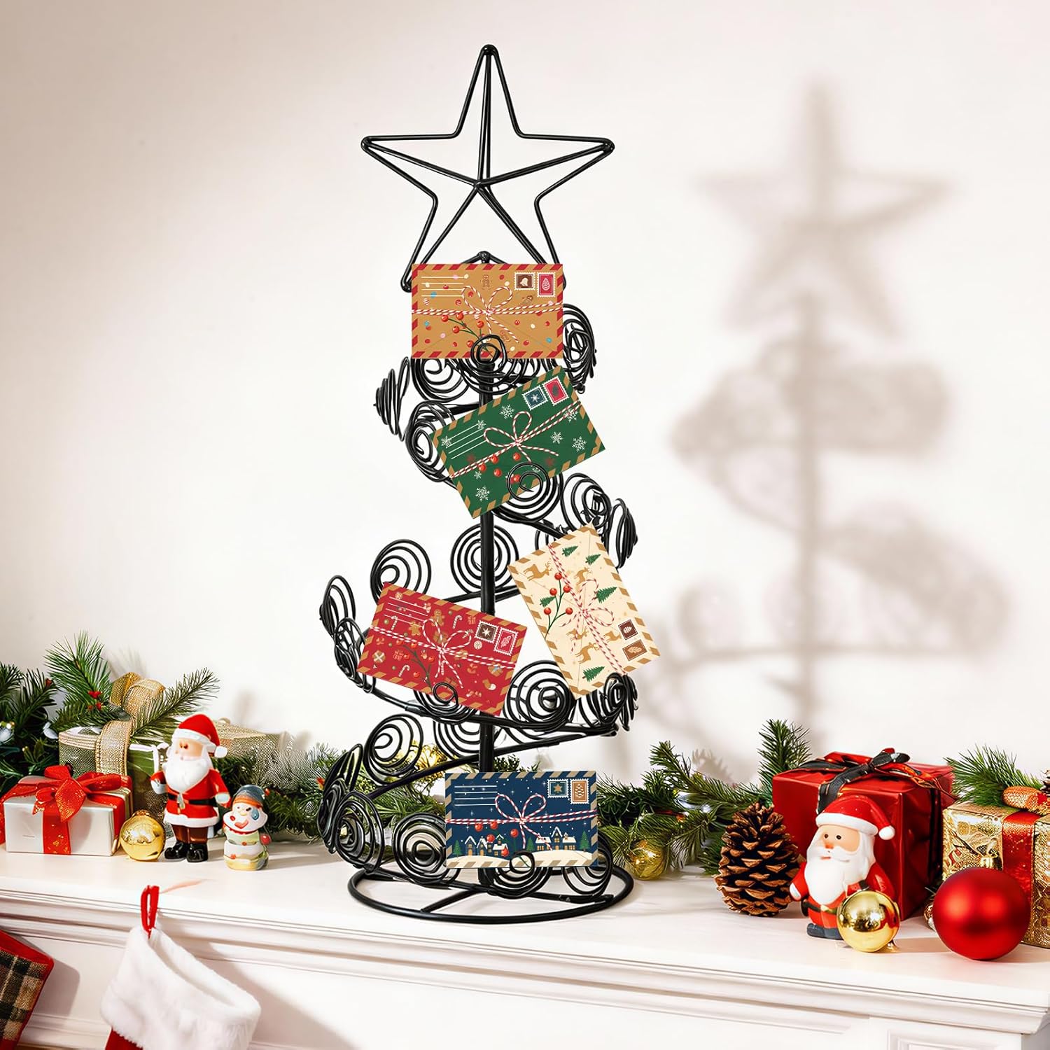 Christmas Card Holder Display for 30 Cards Metal Spiral Christmas Tree Ornament Stand for Xmas Gift Card Holder Picture Frame 20.5" H Rotating Stand for Xmas Party Tabletop Home Photo Decor(Black)