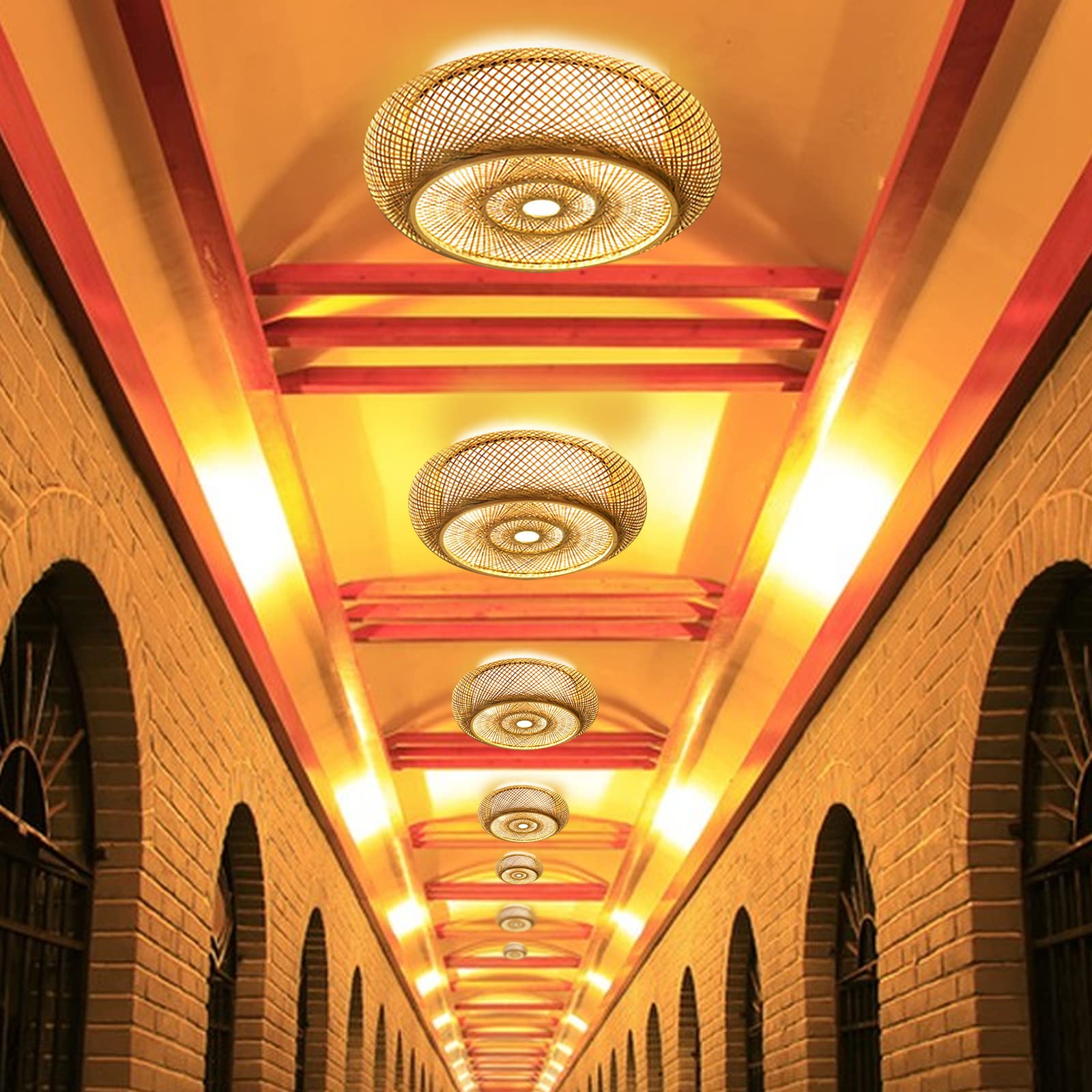16"Vintage Woven Bamboo Ceiling Lights Rattan Flush Mount Ceiling Light ...