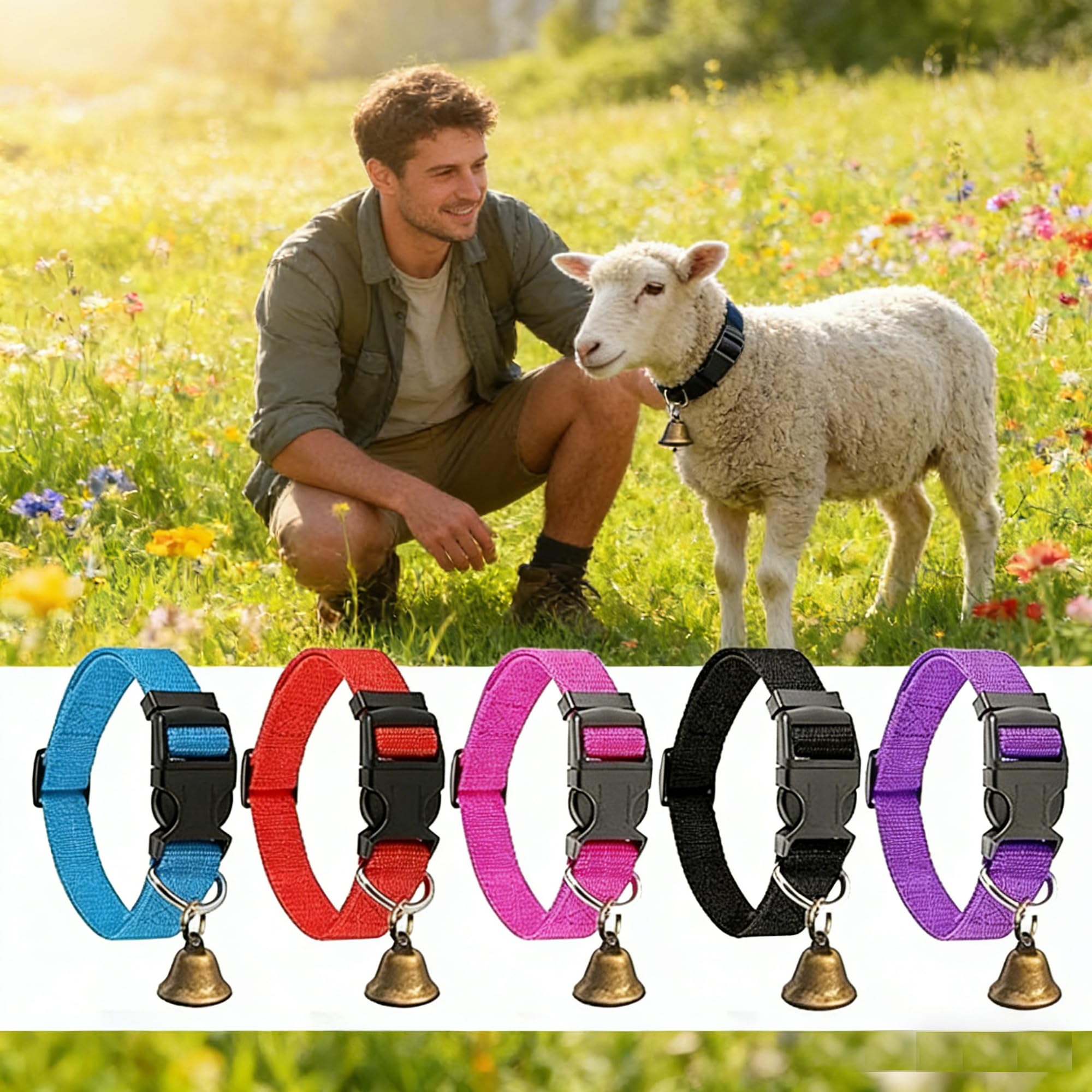 Lot de 10 colliers de chèvre réglables en nylon avec cloche