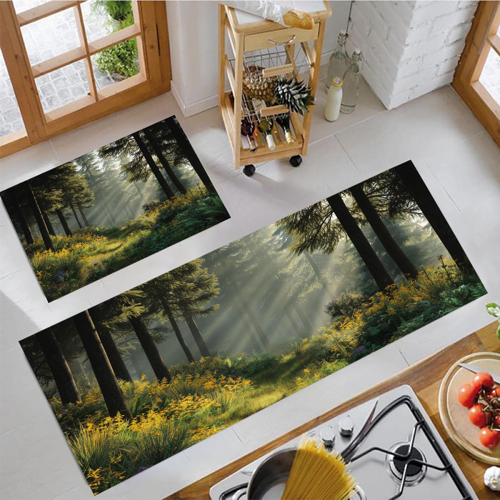 Cuisine devant evier antidérapant tapis lavable forêt 2 psc
