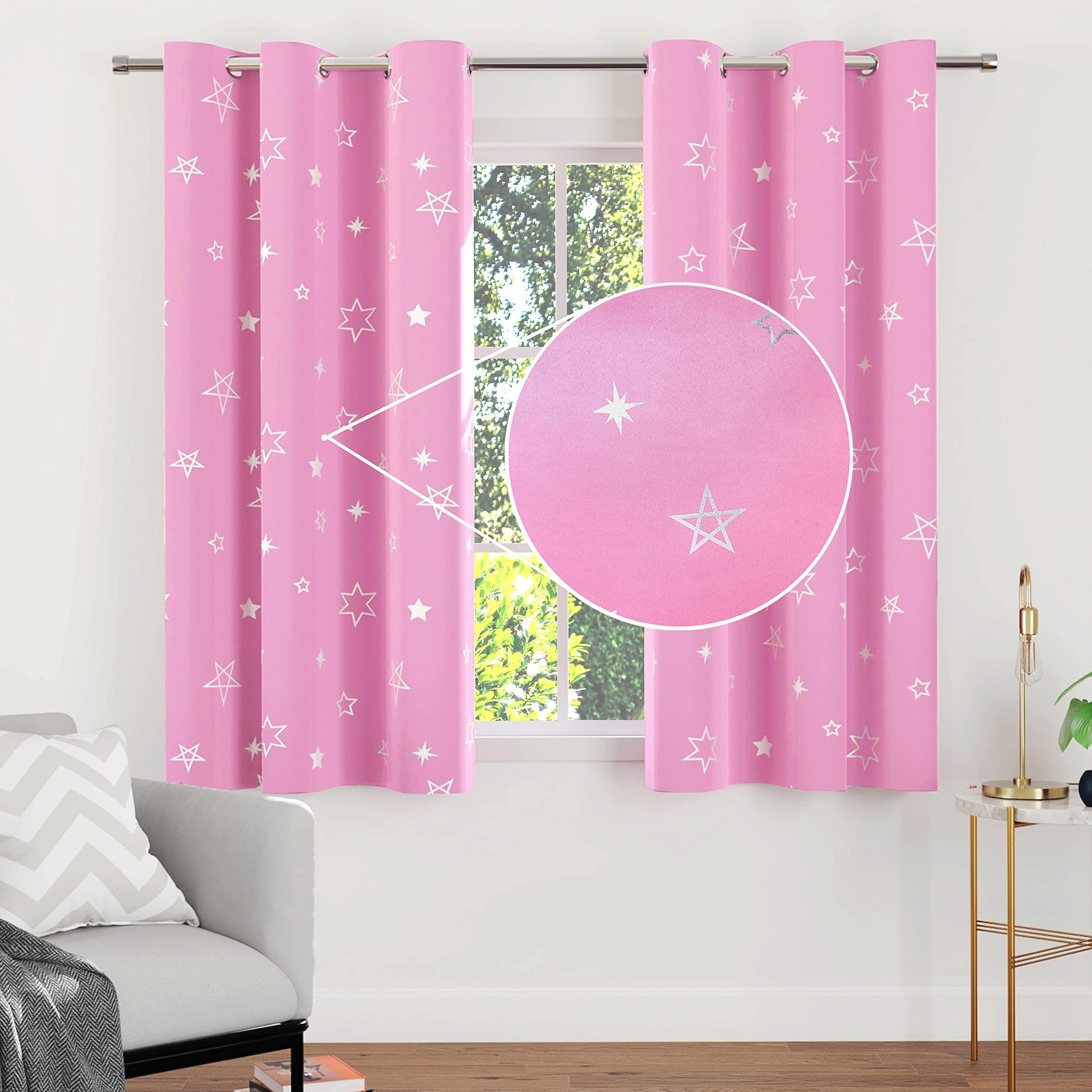 Encasa Cortinas de Apagón Impresas 113x137 cm, 2 Pc | Foil de Plata Rosa Estrella Diseño I Room Darking - Bloques 85% Light | Reducción de Sonido y Calor para el Dormitorio Que Lavaba