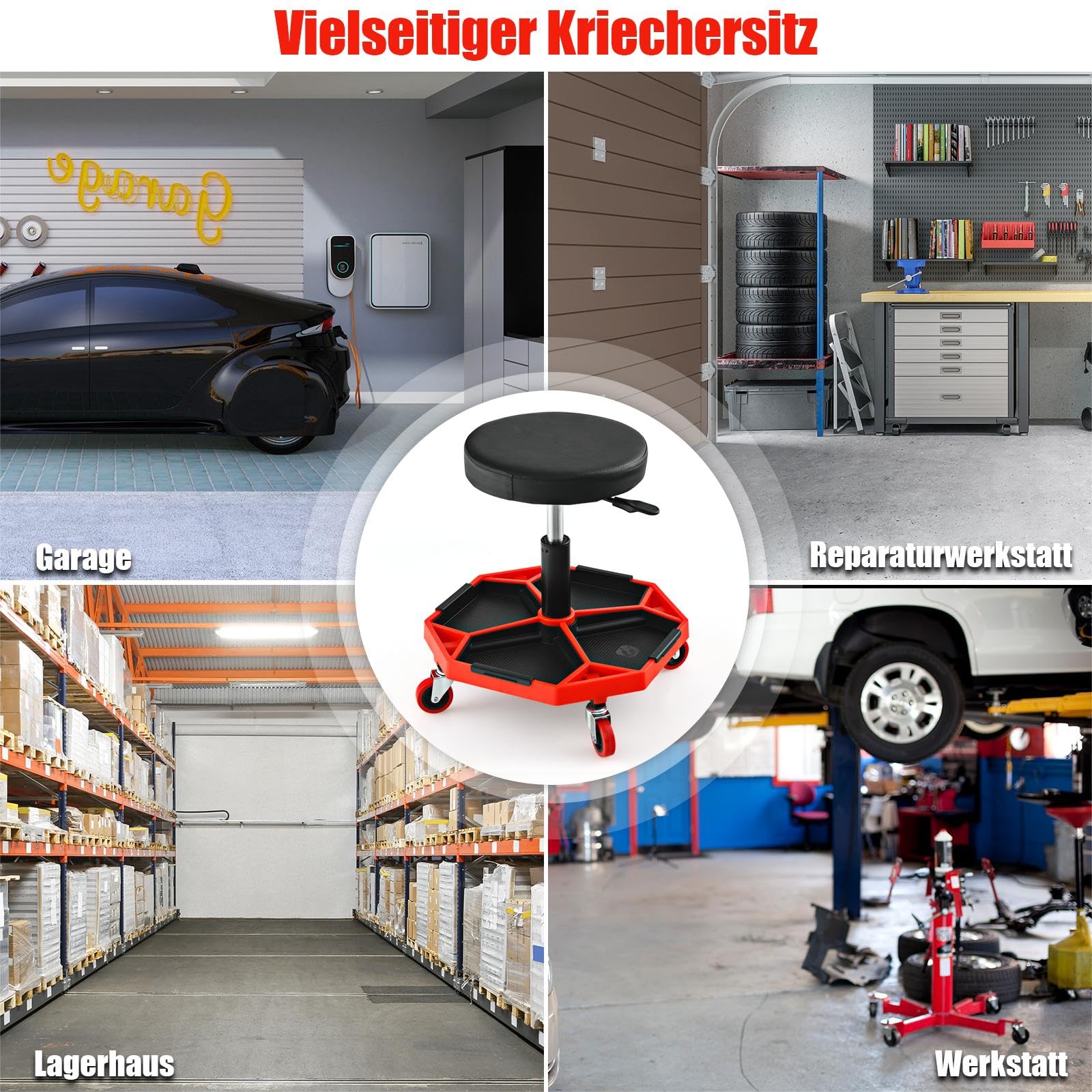 SOARS Sgabello da officina con ruote, regolabile in altezza, 41-55 cm, con ripiano magnetico rimovibile, portata fino a 150 kg