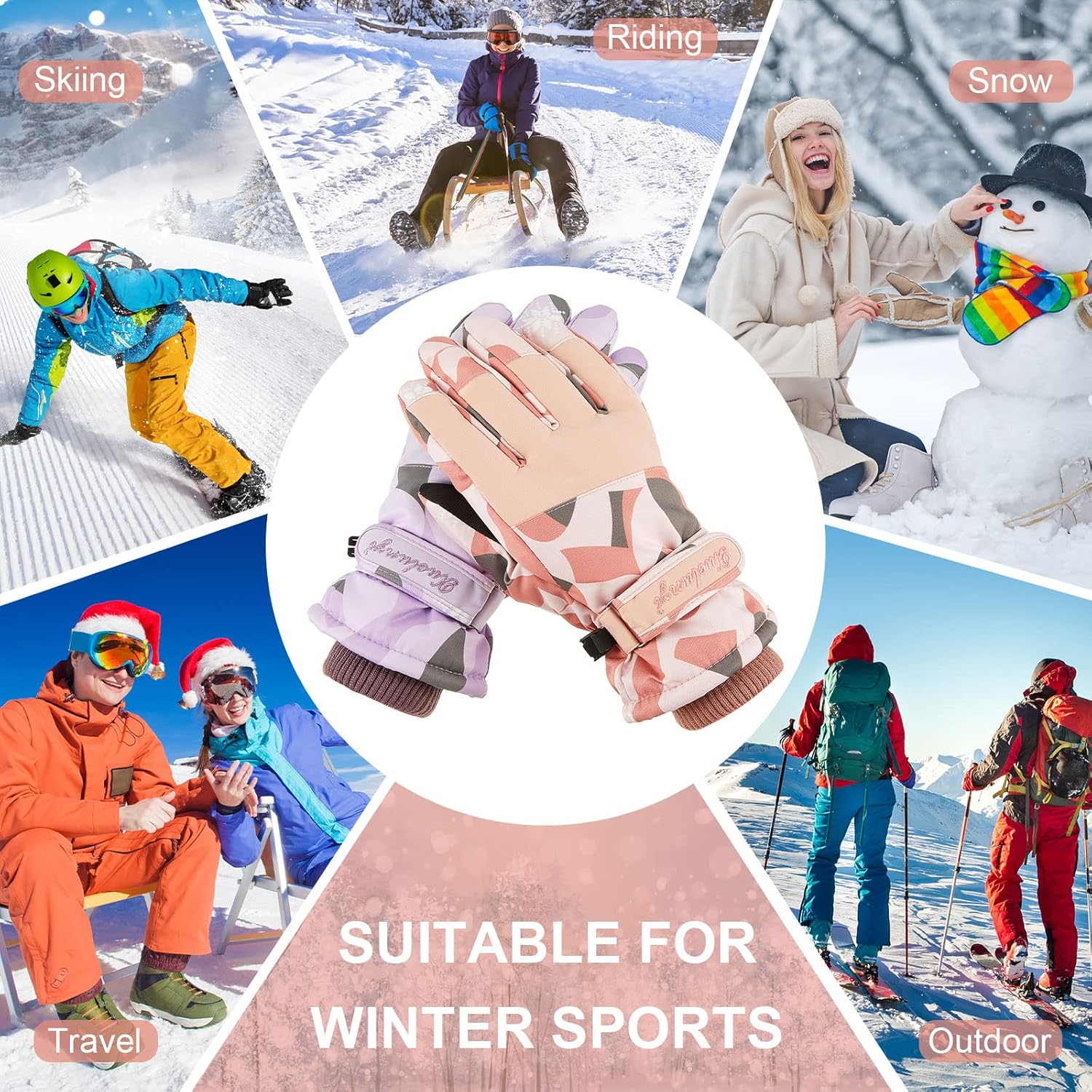 Jecery Ski Gloves 2 Pairs Women Waterproof Snow Gloves Touchscreen Snowboard Waterproof Winter Cold Weather for Skiing Motorcycle Cycling Driving Running Hiking