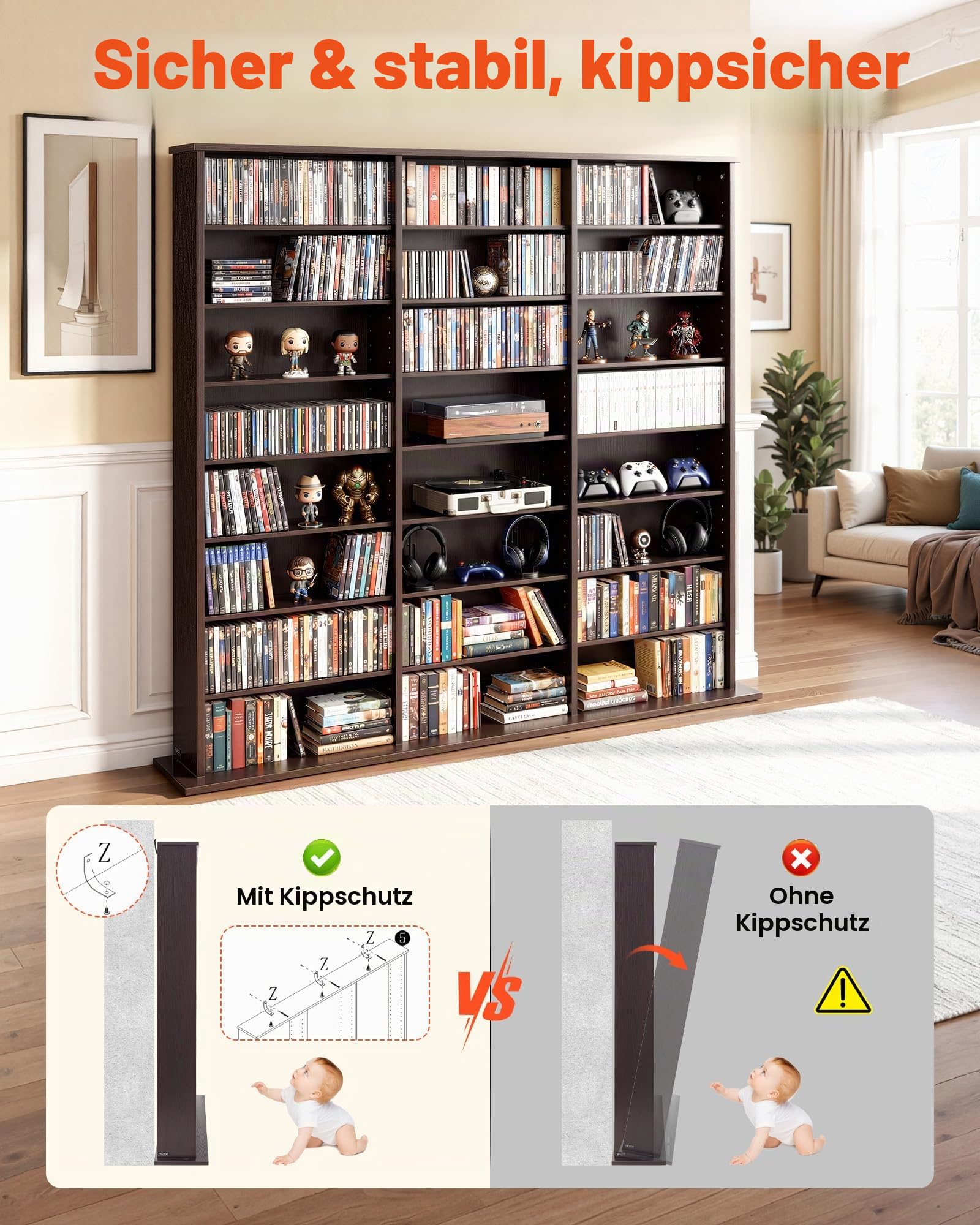 VEVOR DVD-Regal mit 24 Fächern (8 Ebenen), Medienregal Standregal 142 x 22 x 130 cm, Platzsparendes Aufbewahrungsregal für CDs DVDs Bücher Spiele-Discs, Bücherregal für Wohnzimmer/Homeoffice, Braun
