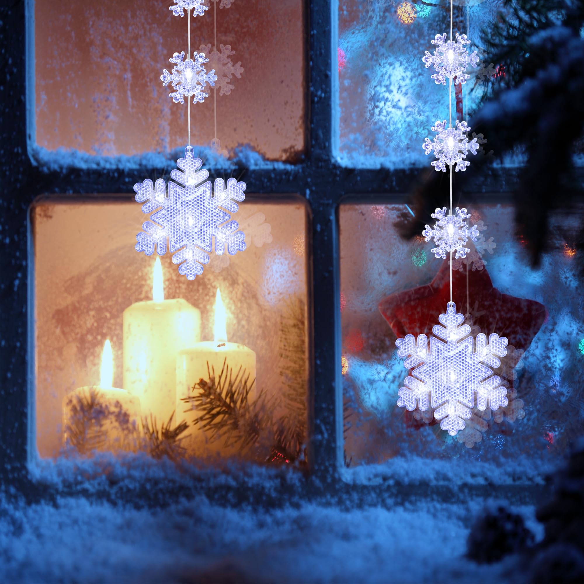 Qedertek Luci di Natale - 2 Pezzi Tenda Luminosa con Fiocco di Neve, Tenda Luci Natalizie a Batteria, Bianco, 2 Modalità, Timer, Luci Natale Decorativa per Albero di Natale, Finestra, Porta, Bar