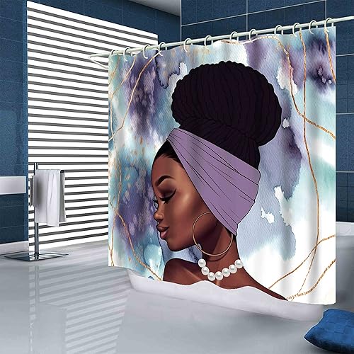 Miniatura 4 de Juego de 4 cortinas de ducha para mujer afroamericana, juego de cortina de ducha de mezcla morada, impermeable, semiapagón, suministros de