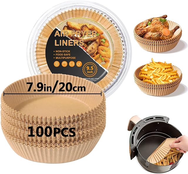 Air Fryer Liners, Air Fryer Disposable Paper Liners, Parchment Paper Liners Oil-Proof, Water-Proof, Food Grade Baking Paper for Air Fryer Roasting Microwave Oven (7.9in-100pcs)