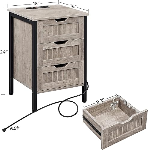 Miniatura 3 de Yaheetech Mesita de noche con estación de carga, cómoda de 3 cajones para dormitorio, mesa auxiliar con 2 tomas de corriente y 2 puertos USB, mesita