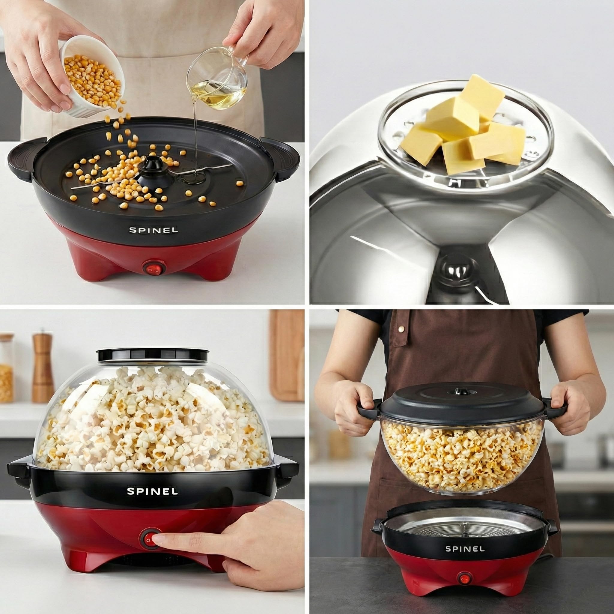 Spinel Popcornmaschine – Popcorn Mais Maschine Maker Mit Zucker & Salz & Öl, Groß Gadgy Kino Heißluft Popcornmaker, Retro Popper Popcornmais für Zuhause Mit Antihaftbeschichtung, 5.5L