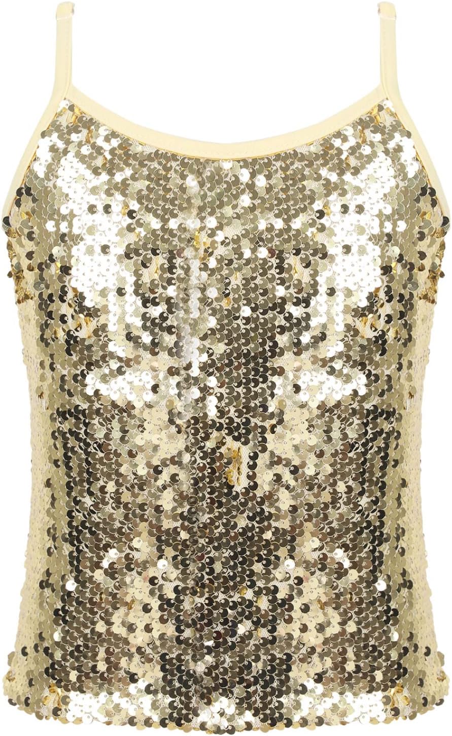 Hedmy Kids Girls Sparkly Sequin Camisole Tank Top Latin Jazz Ballet Dance Spaghetti Straps Crop Top