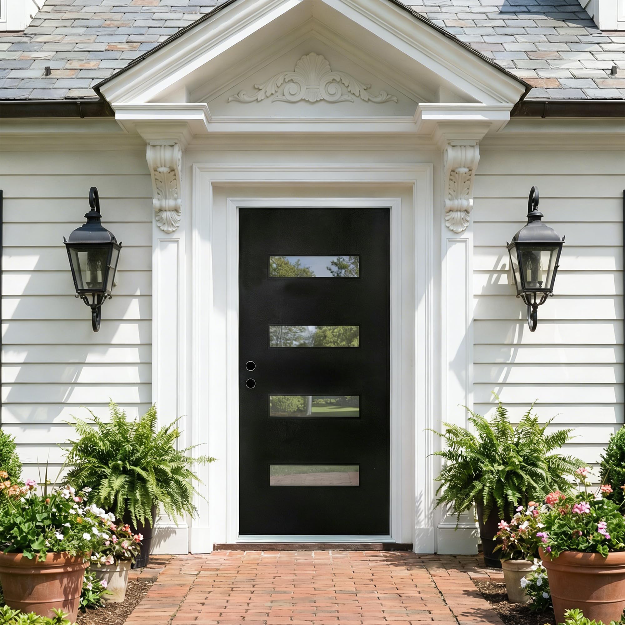 Casaphoria 36" x 80" Fiberglass Front Door with White 4-9/16" Vinyl Frame,Right Hand Inswing Exterior Door with Brickmould,Contemporary Wooden Grain Knock-Down Entry Door for Home Entrance, Balck