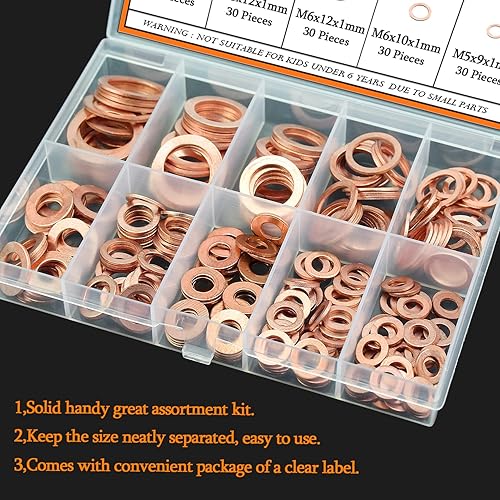 Miniatura 6 de 220 arandelas de cobre, 10 tamaños, arandelas de sellado métricas de cobre, kit surtido de arandelas planas (M5 M6 M8 M10 M12 M14 M16)