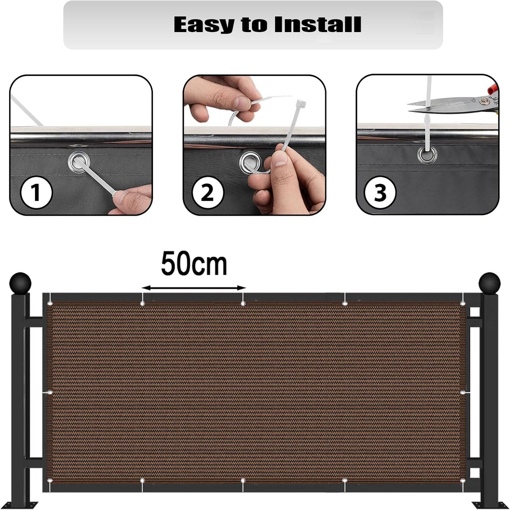 Malla de Ocultación 90 x 550 cm Privacidad Protección Solar y Transpirabilidad Malla de Ocultacion Valla con Sogas y Bridas para Exterior Terraza Jardín, Marrón