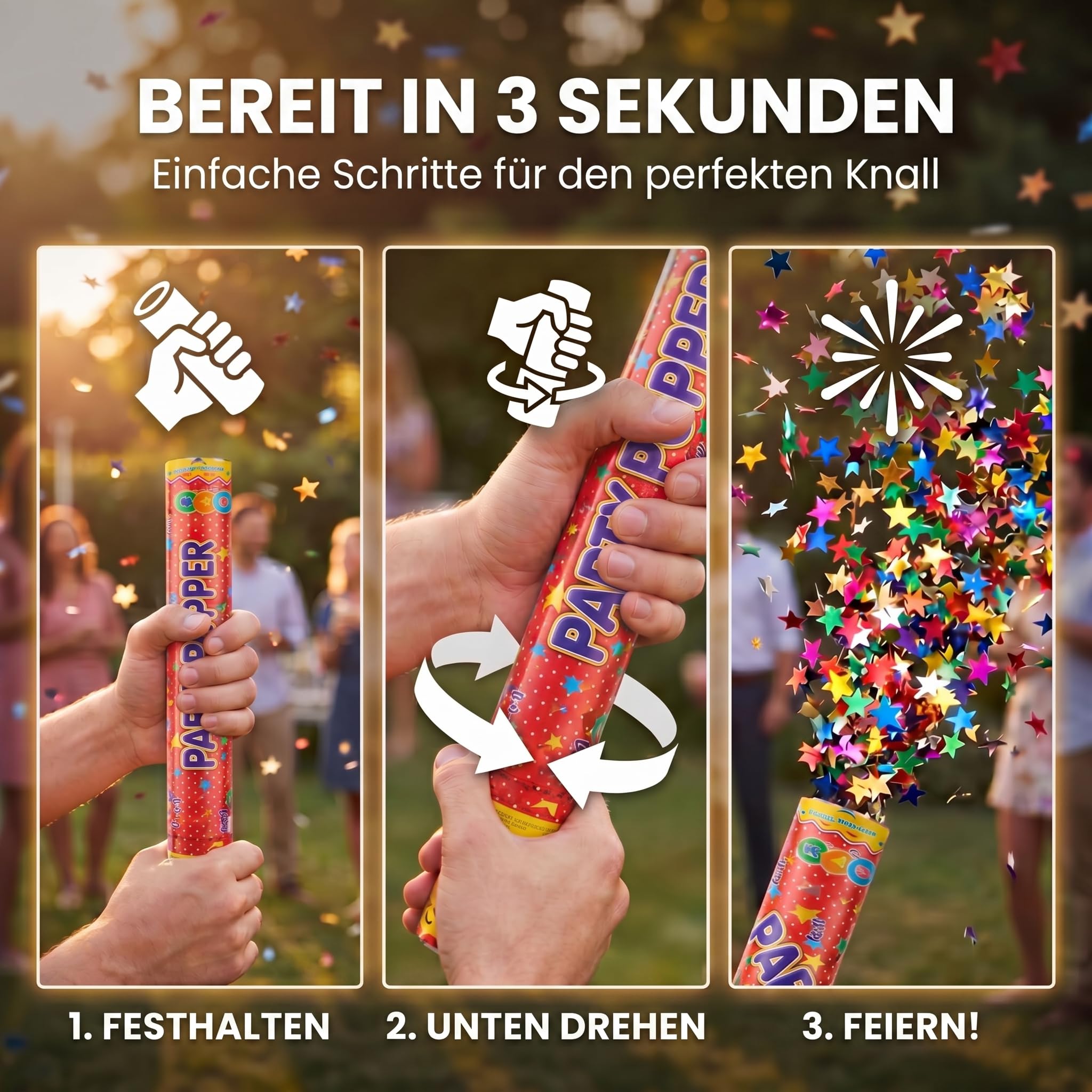 GOODS+GADGETS® Konfettikanone XXL 10er Set, 100cm Party Popper Bunt | Maximaler Showeffekt für Hochzeit und Silvester, Konfettibombe mit 8m Schusshöhe, metallisches Folienkonfetti, flammhemmend