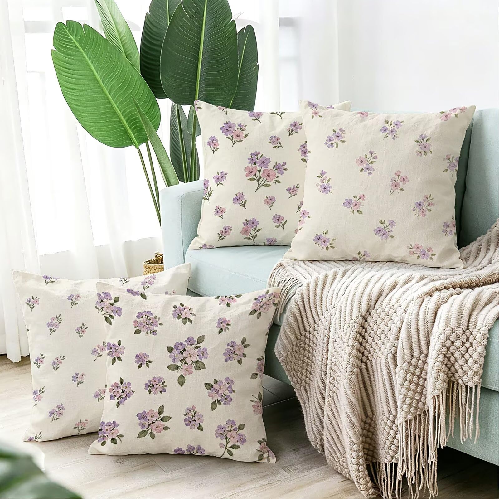 Viola Federe Cuscini Divano 60x60cm, Cuscini da Esterno Set de 4, Cod-186 | Velour Copricuscini Decorativi Letto Arredo, per Letto, Soggiorno, Giardino, Esterno, Casa Decorazione Set di 4 Fiore