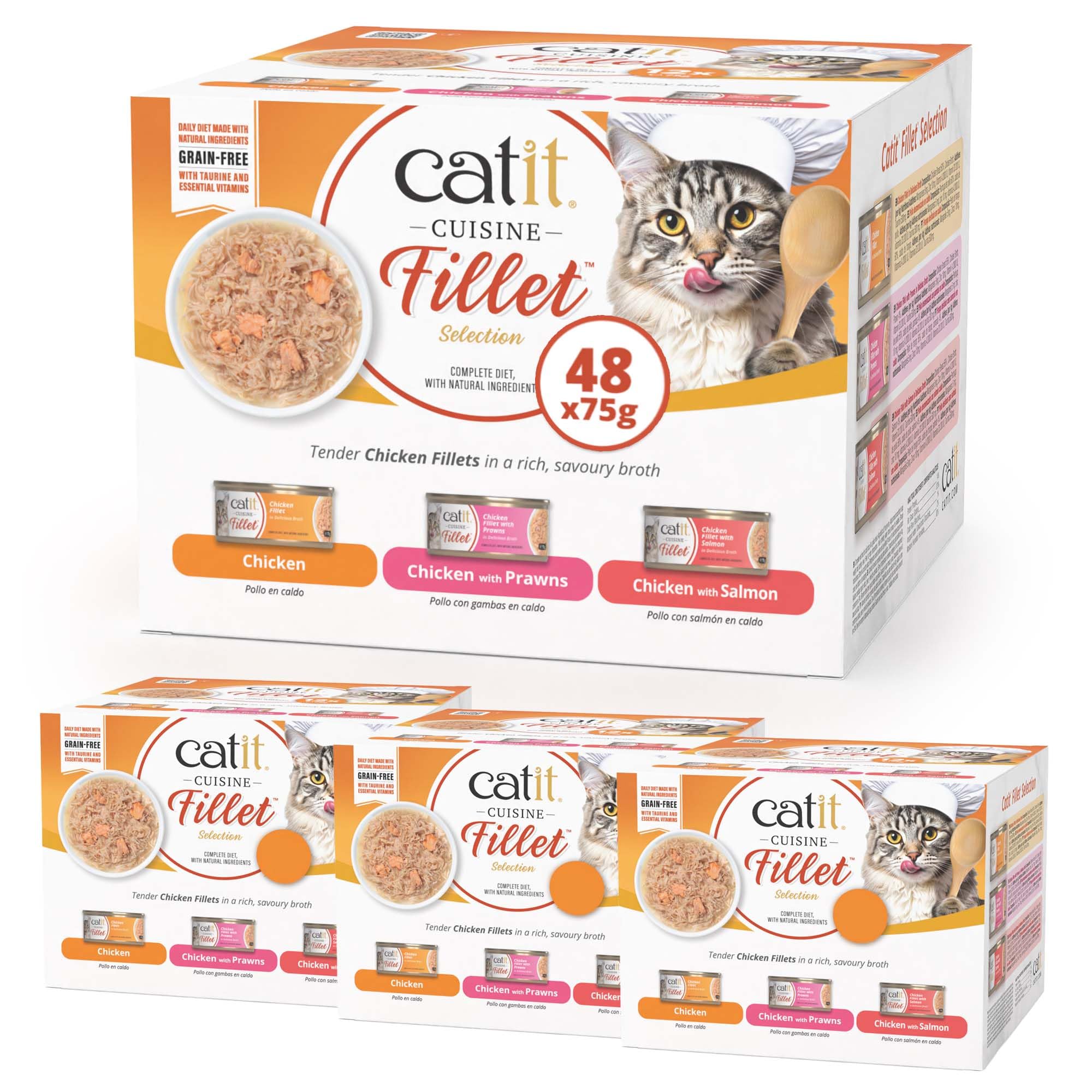 Catit Cuisine Fillet, Chicken Fillet Variety Pack in Broth, Grain Free Wet Cat Food for Adult Cats, High Meat Tinned Cat Food in Broth 4 x 12 Pack