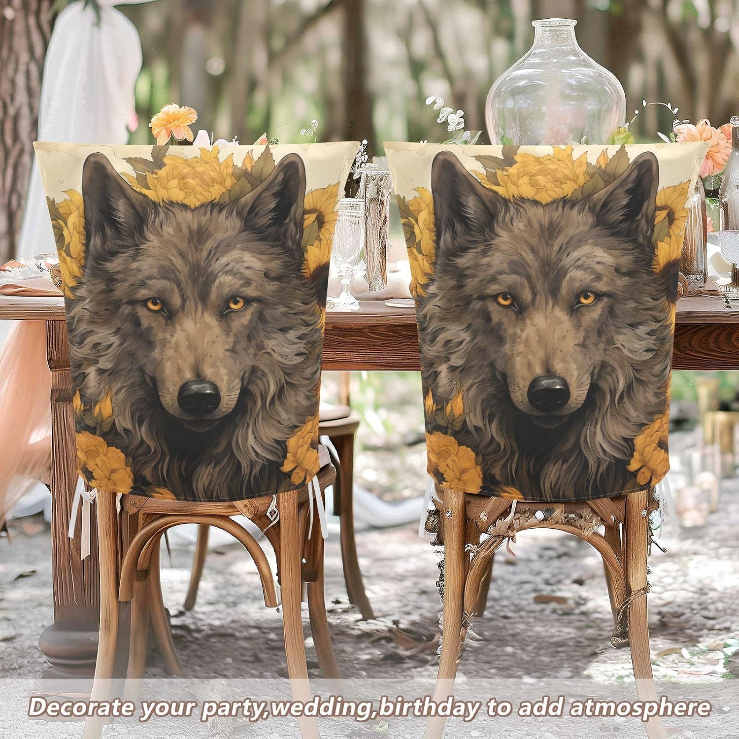 ALAZA Wolf and Yellow Sunflowers Chair Back Cover Set of 6, Washable Reusable Removable Chair Slipcovers Decorative Chair Cover for Home Kitchen Wedding Party