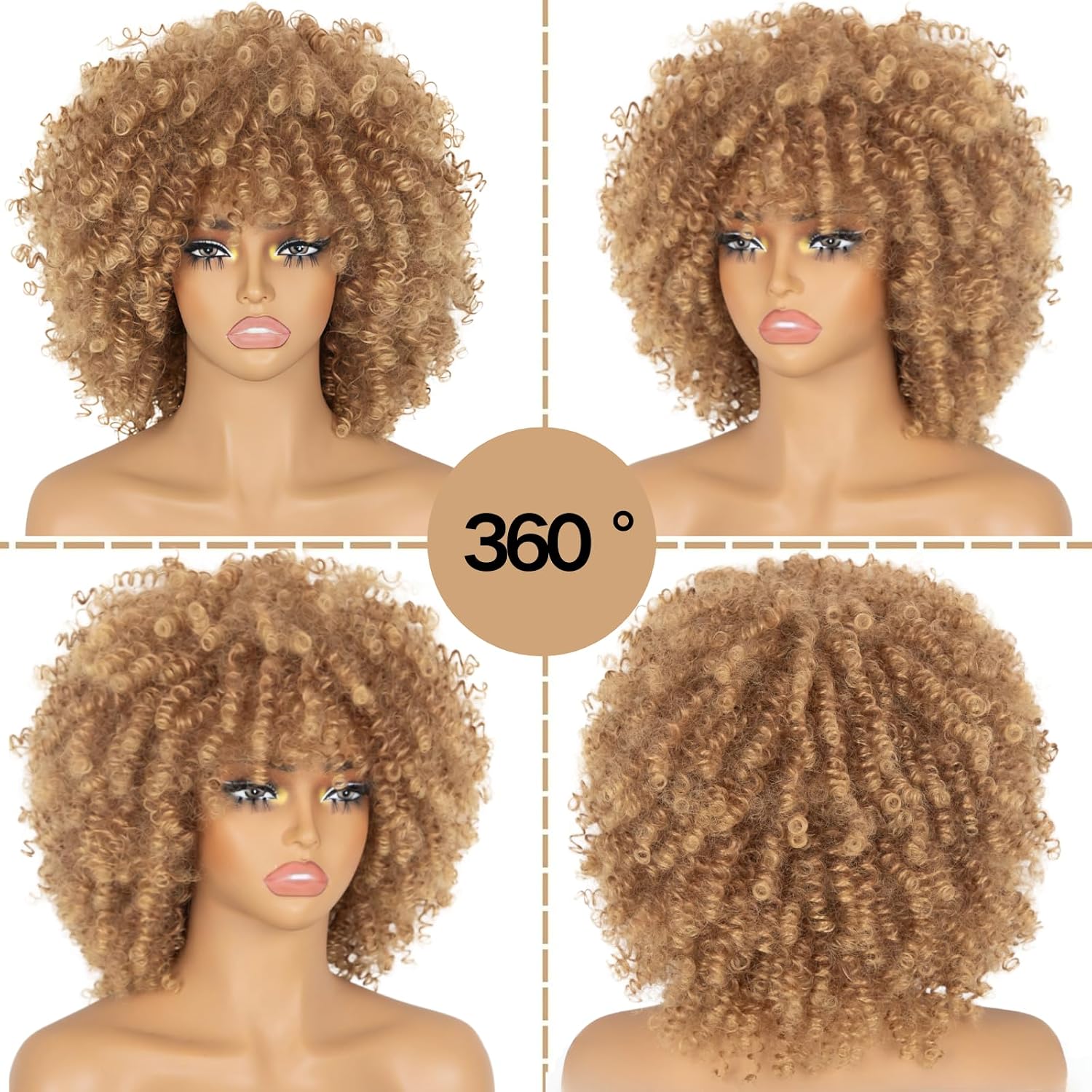 Afro Curly Wig with Bangs 12 Inches Synthetic Afro Wig for Black Women Natural Glueless Heat Resistant Short Kinky Curly Wigs for Daily Party（12inch 27T30#）
