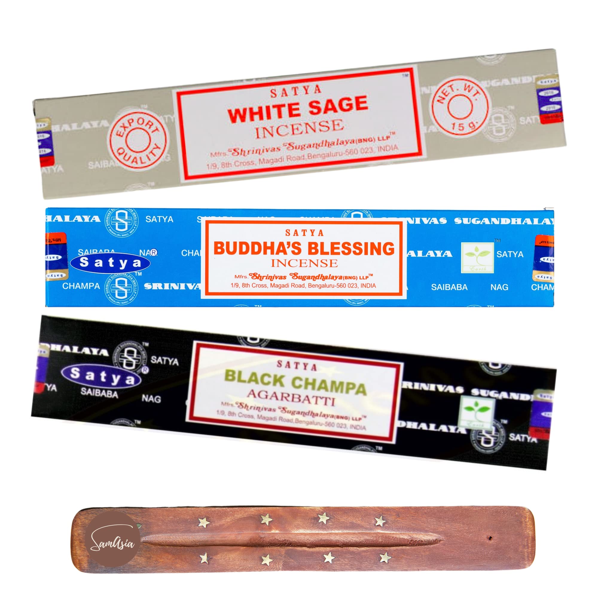 Samasia Black/White Satya Nag Champa Champa, Buddhas Blessings And Sage Incense Sticks | X3 Pack | With Incense Sticks Holder | Burn For Blessings