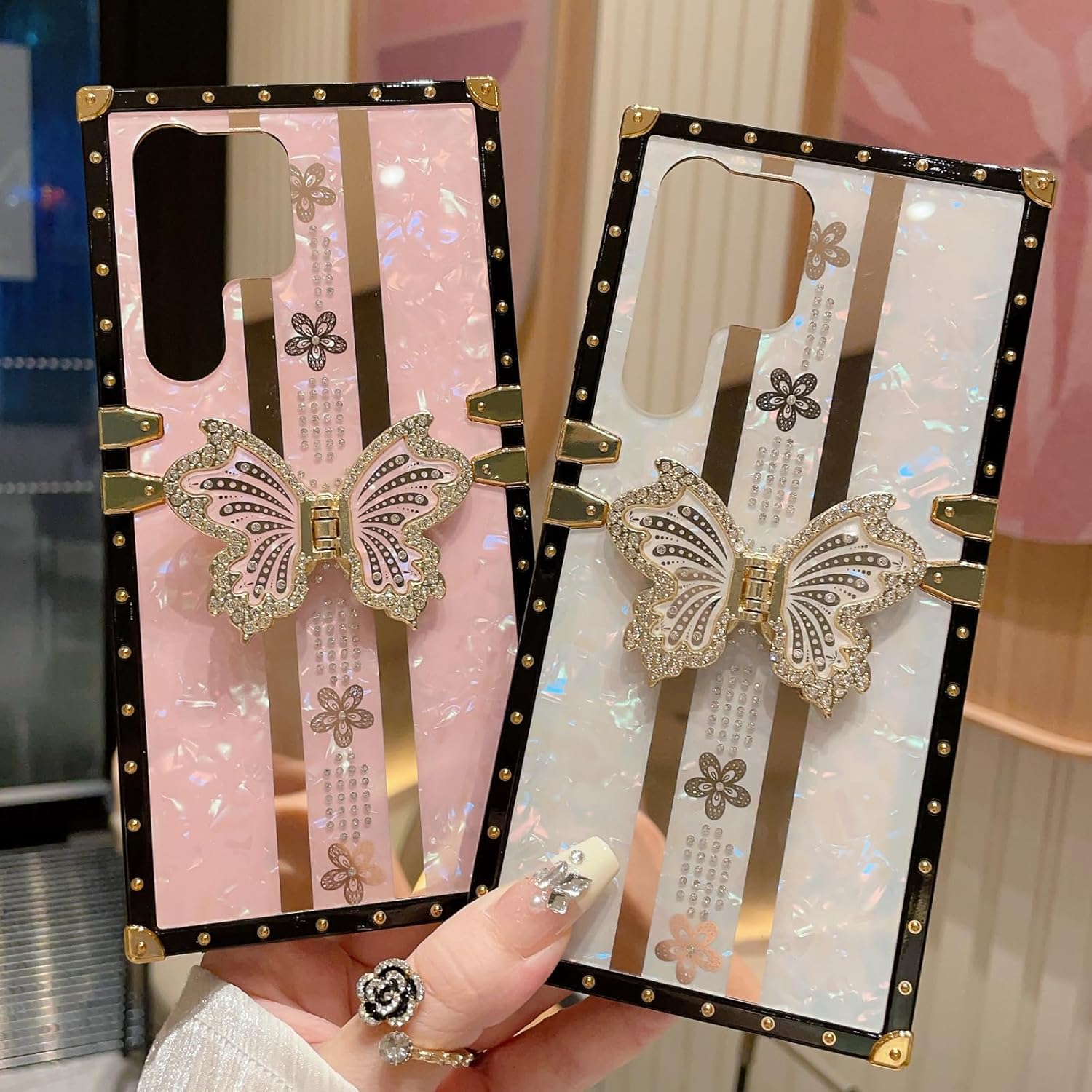 for Samsung Galaxy S25 Ultra Glitter Kickstand Case,Cute Bling Sparkly Butterfly Foldable Stand Floral Marble Mirror Elegant Shockproof Women Girls Protective Case for Galaxy S25 Ultra, Pink - Image 7