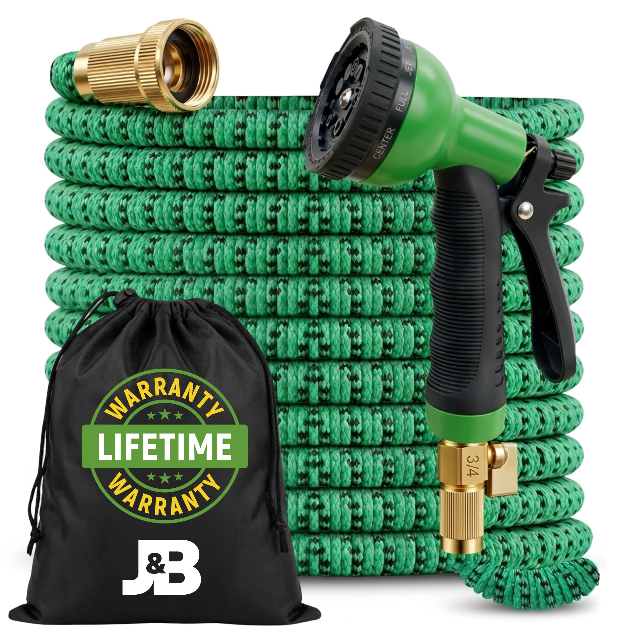 J&B XpandaHose - Manguera de jardín expandible de 50 pies con soporte, resistencia superior 3750D, núcleo de látex de 4 capas, conectores de latón extra fuertes y 10 boquillas de pulverización con