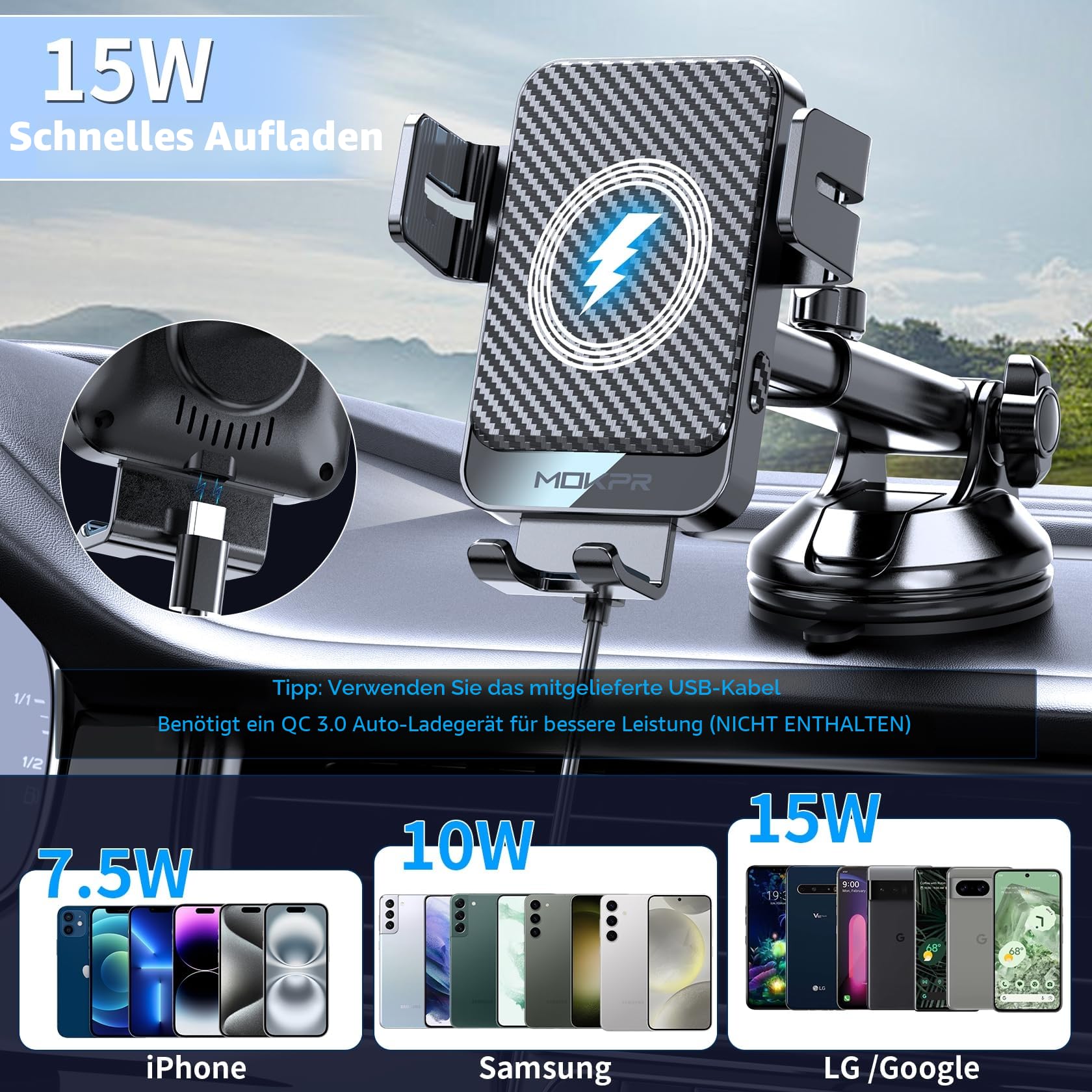 MOKPR Handyhalterung Auto mit Ladefunktion, 15W Fast Wireless Charger Auto Halterung Induktives Laden Induktion Kfz Ladegerät für iPhone 17/16/15/14/13/12, Samsung Huawei Xiaomi(Schwarz)