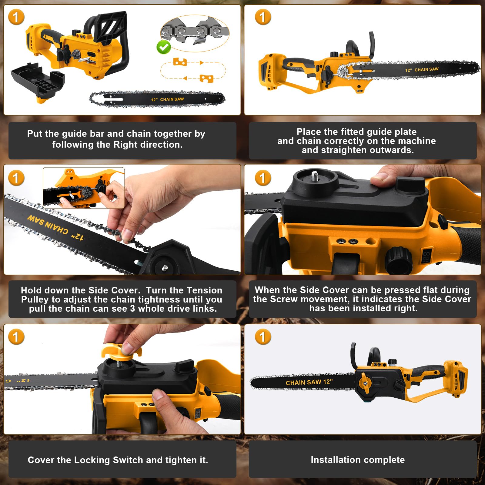WingFly Motosierra Eléctrica 12 Pulgadas Compatible con Dewalt 18 V, 20 V | Brushless Motosierra de Mano, Motosierra Inalámbrica Portátil para Podar Árboles de Jardinería