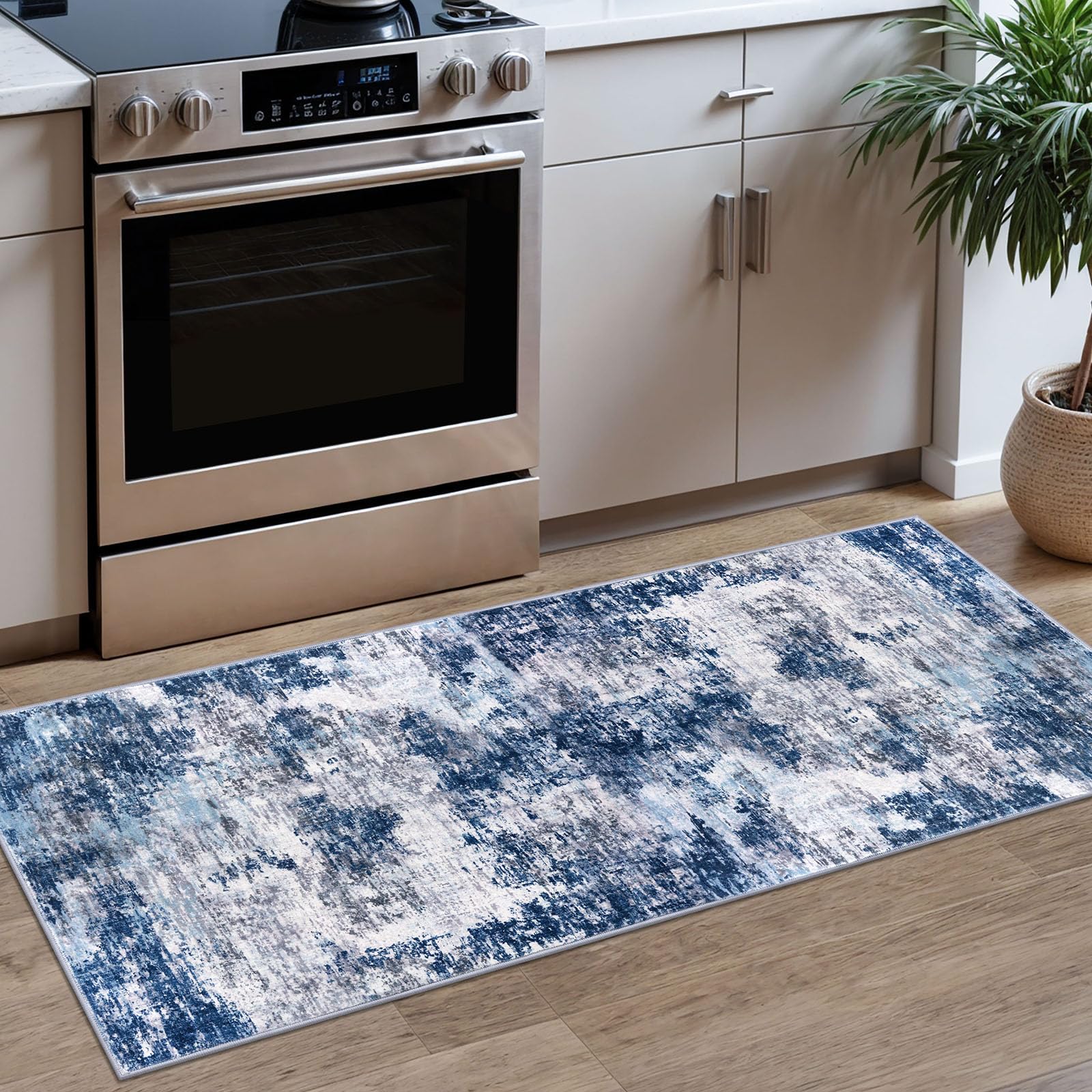 Lansny Modern Abstract Runner Rug 2x5, Grey Navy Blue Multi Washable Kitchen Runner Entryway Rug Mat Non-Slip Soft Hallway Rug Runner Thin Print Faux