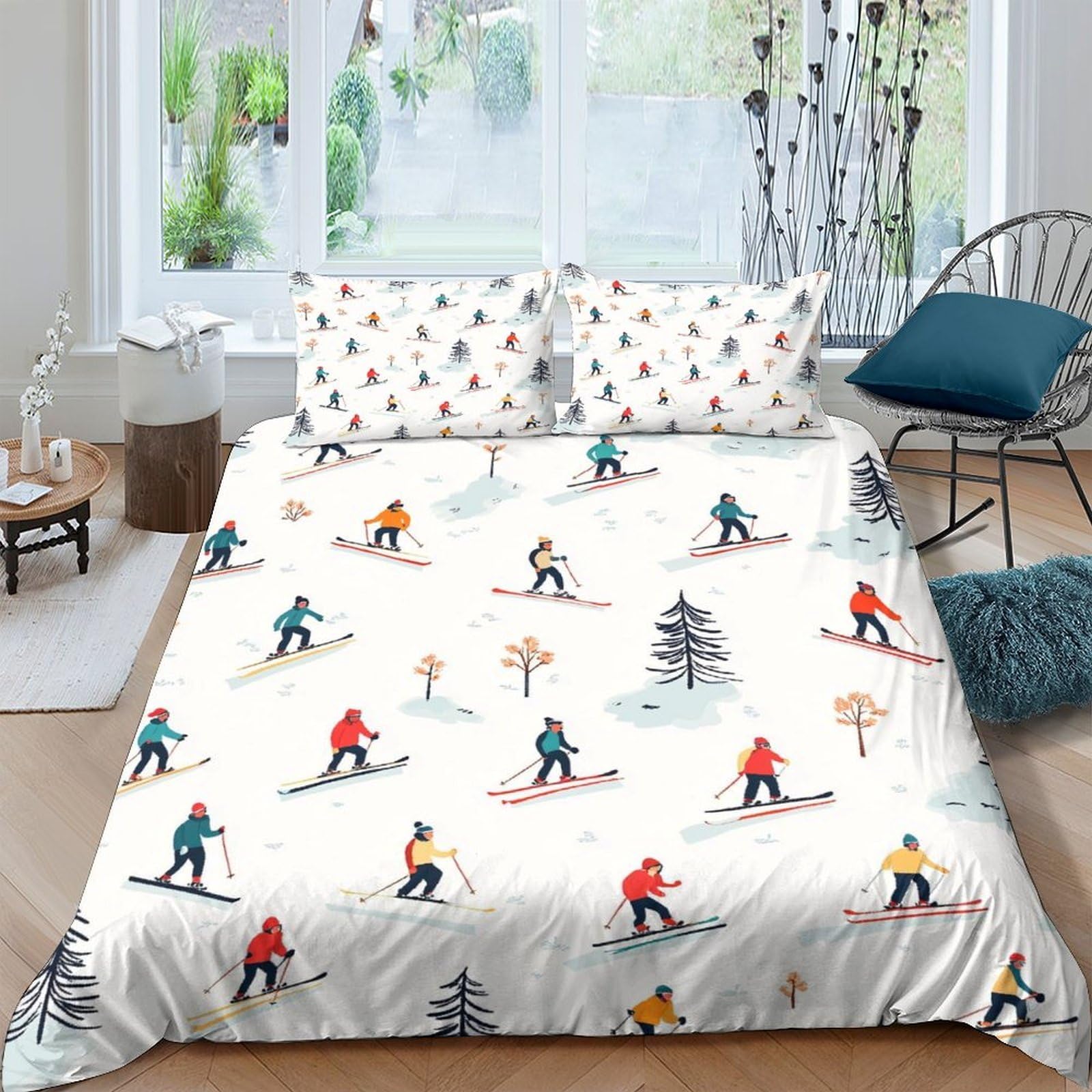 Ctjqhvkz Style-10 3D Printed Skiing Pattern Fitted Sheet Microfiber Soft Breathable Forest Snow Mattress Cover For Bedroom Dorm Use Single（135X200cm）
