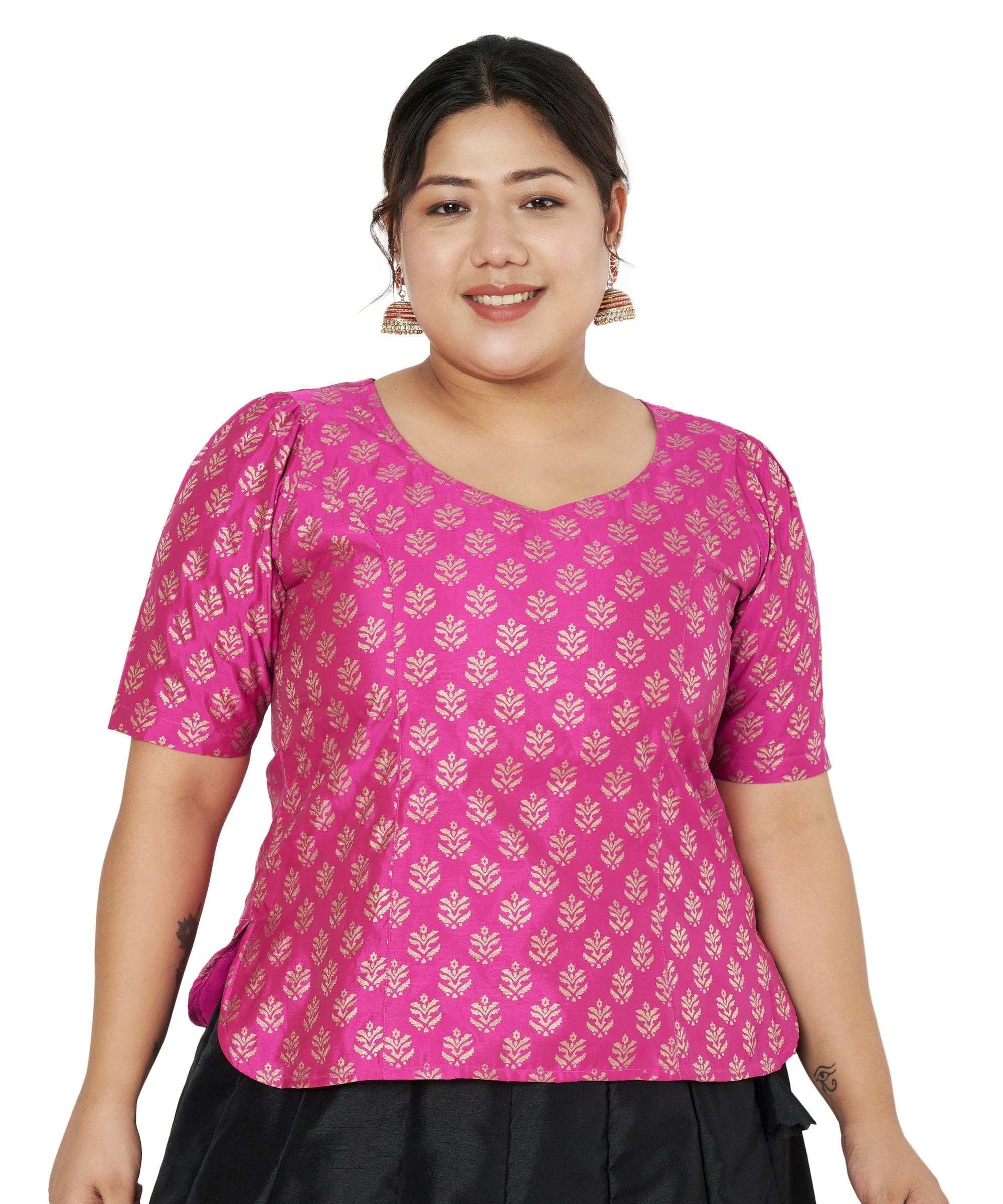 studio rasa Women's Plus Size Silk Blend Printed Button Down Blouse for Wedding Festive Party-picture-49