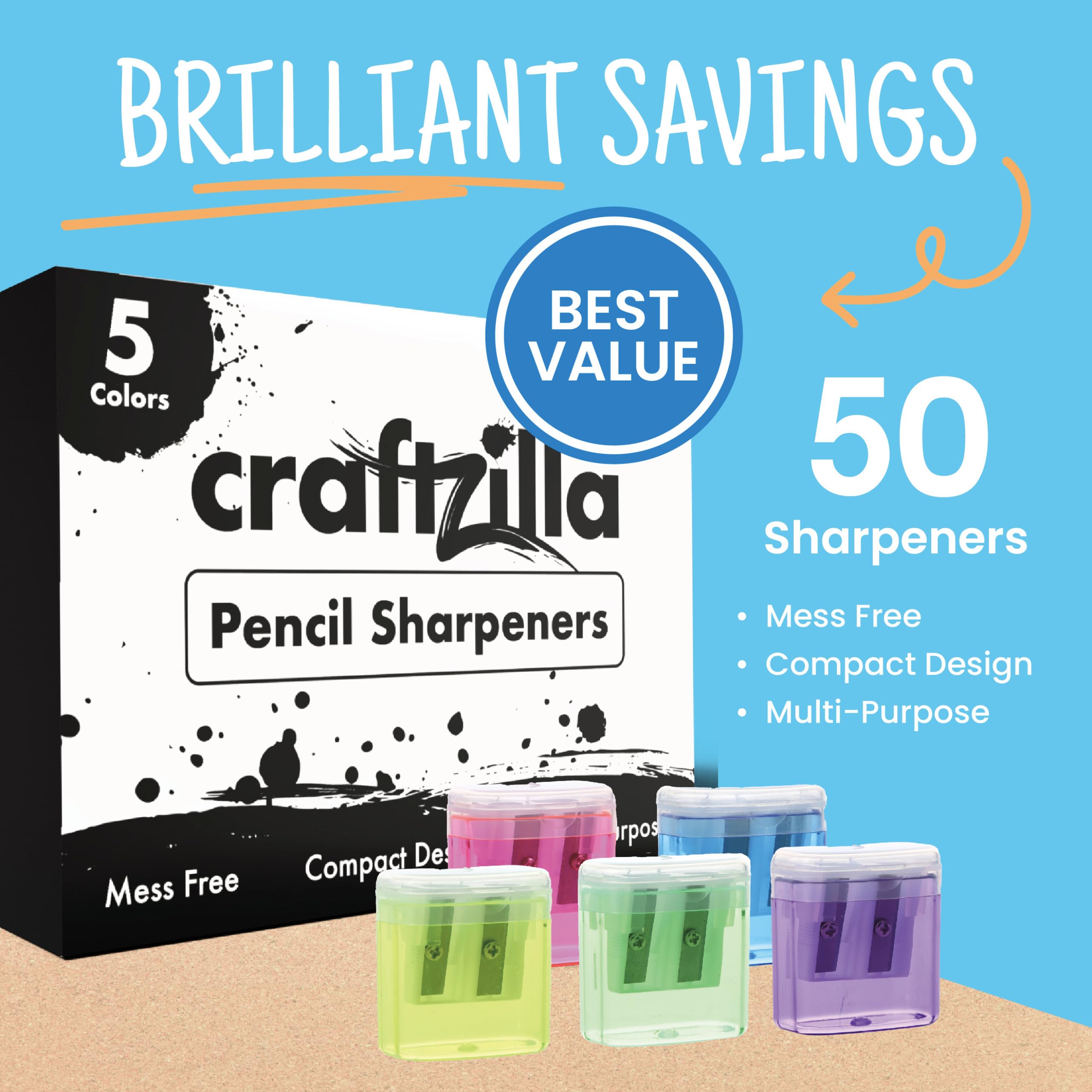 Craftzilla 50 Stück Groß-Bleistiftspitzer, Doppelloch-Anspitzer für Standard- und Jumbo-Bleistifte, Schulbedarf für Klassenzimmer und Büros, mit Deckel, 5 verschiedene Farben