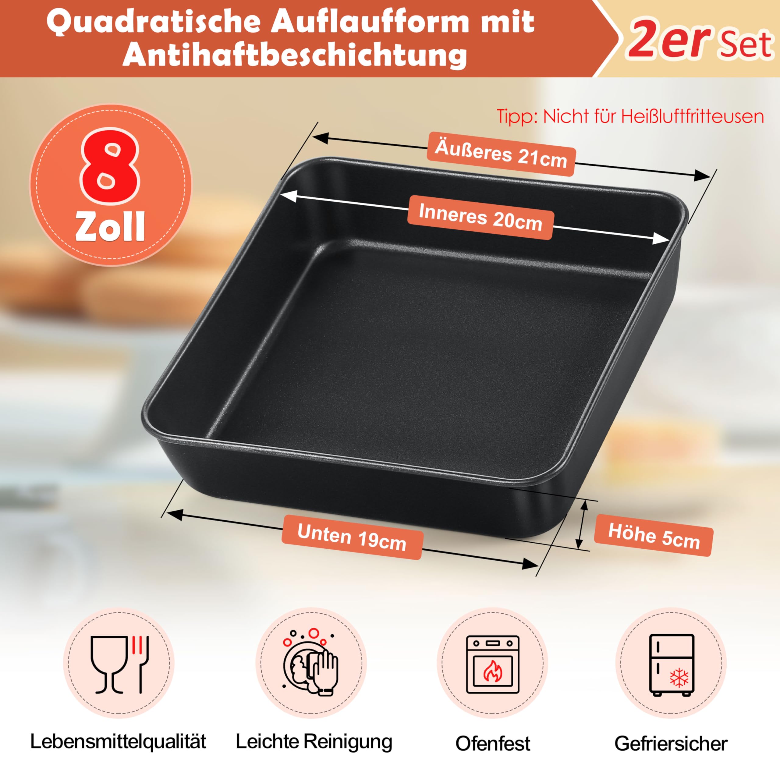Onader Juego de 2 cazuelas cuadradas, antiadherentes, rectangulares, de acero inoxidable, para pasteles, brownies y tostados, saludables y duraderos, no para freidora de aire - 20cm
