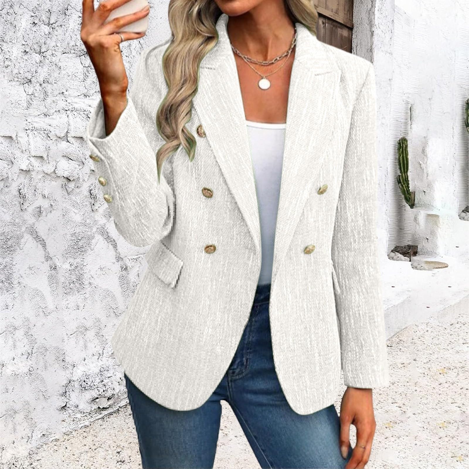 Giacca da ufficio da donna in tweed testurizzato, a maniche lunghe, con risvolto, tasca | Ampio colletto con risvolto, bottoni dorati a doppio petto, tasche con patta, abbigliamento casual da ufficio