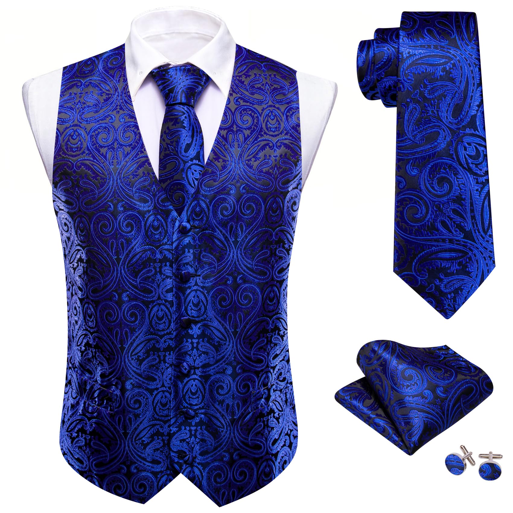 Barry.Wang Mens Suit Vest Paisley Silk Jacquard Waistcoat Ties Set Formal/Leisure 5PCS, Medium