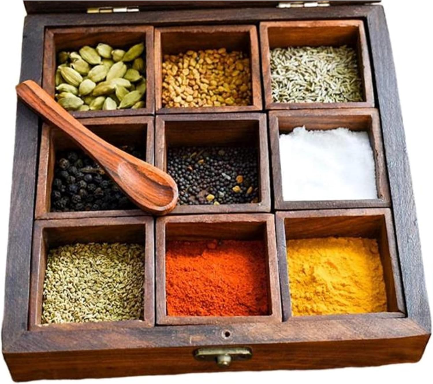 collectiblesBuy Handcrafted Wooden Spice Box 8x8 with 9 Compartments Rustic Brown Kitchen Organizer Storage Container for Spices Condiments Pantry Dining Table Decor