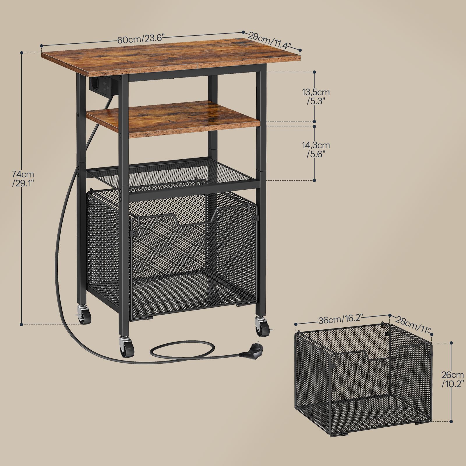 HOOBRO Soporte de Impresora con Estación de Carga, Mesa Rodante con Cajón para Documentos, Carrito Móvil de 4 Niveles con Toma CA, para Oficina, Marrón Rústico y Negro EBF17CPS01