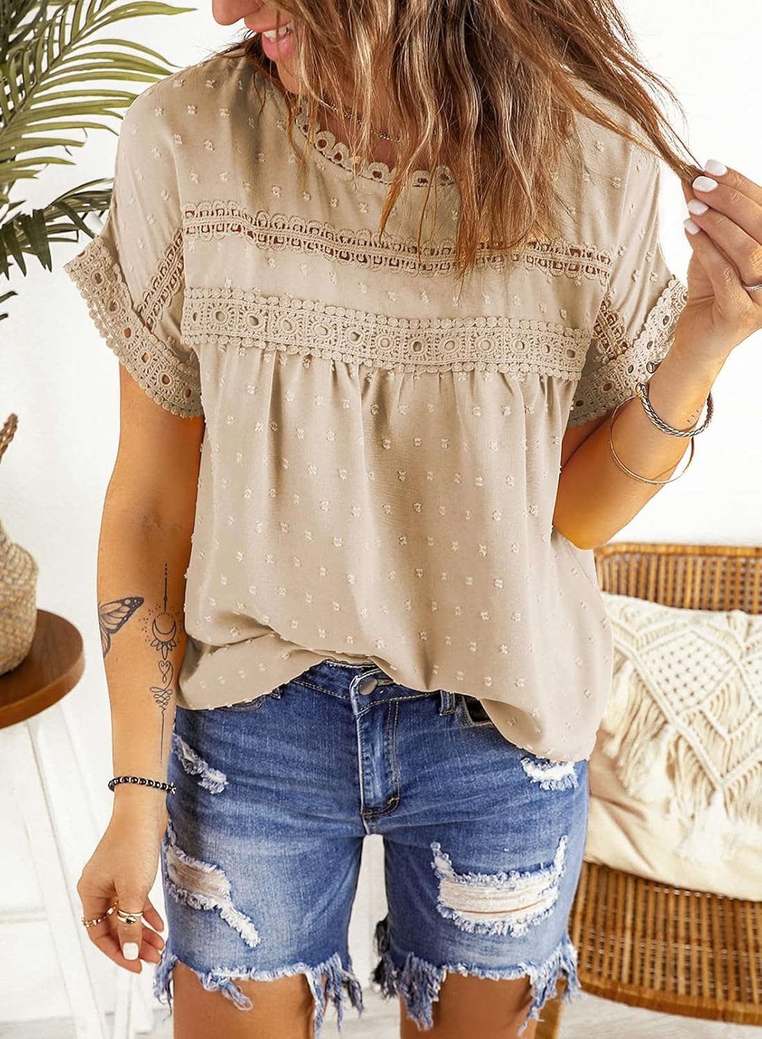 Womens Summer Tops Crewneck Lace Crochet Short Sleeve Shirts Casual Buttoned-Back Chiffon Blouses - Image 5