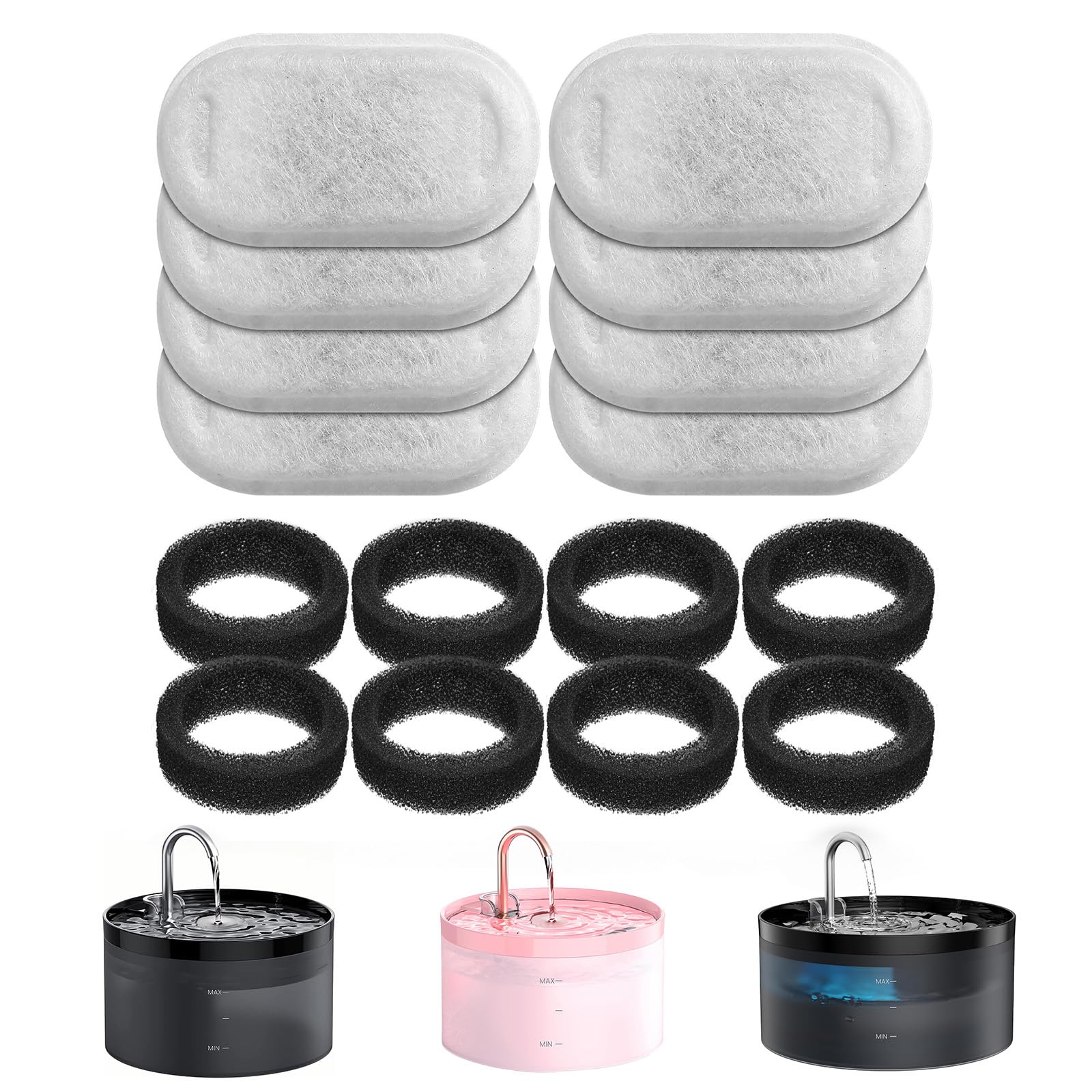 GIOTOHUN Cat Fountain Filter, 8 Pieces Filters + 8 Pieces Foam Filters for Cat Drinking Fountain Filtering Hair (Sponge)